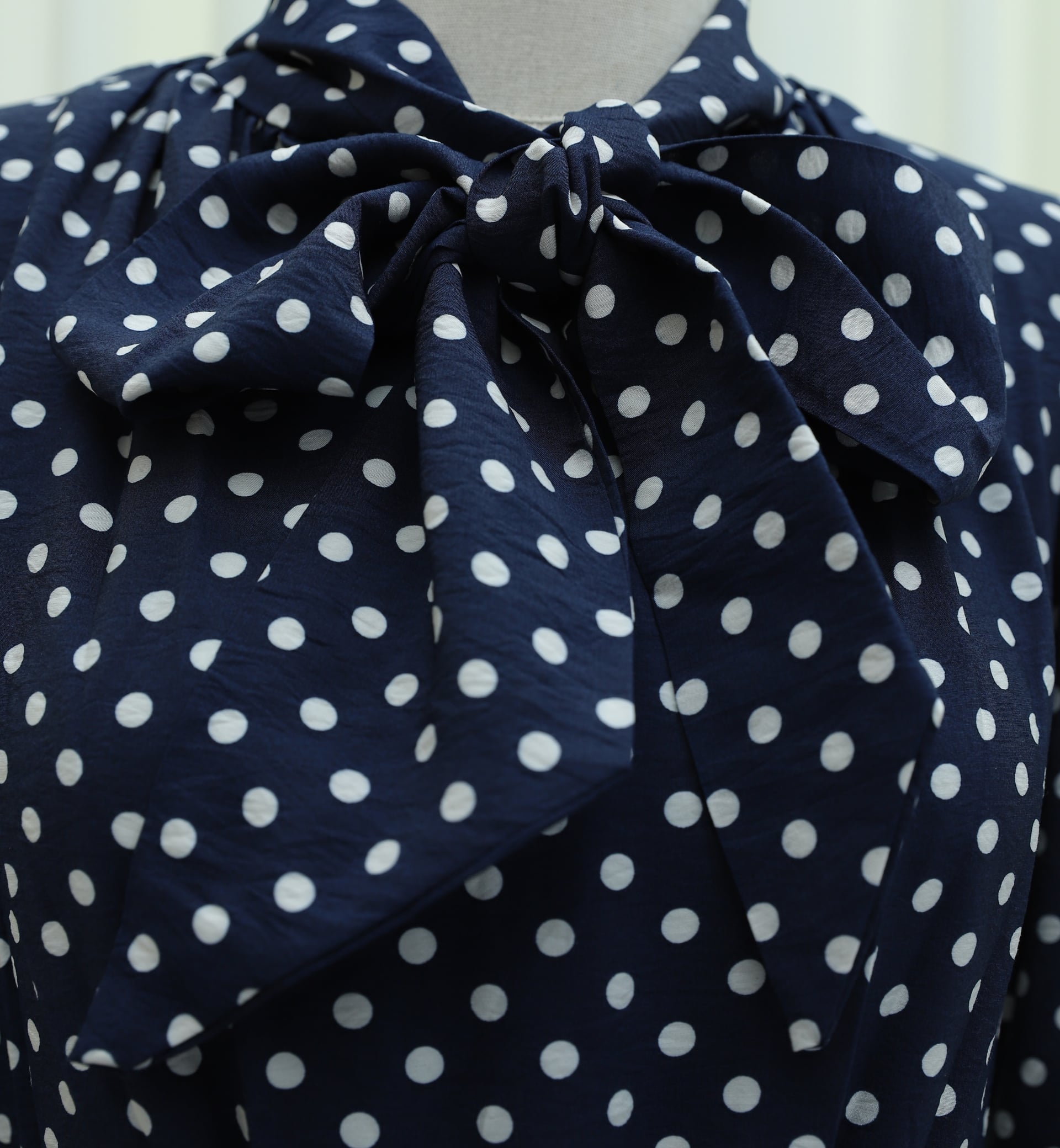 Navy Blue Polka Dot Viscose Dress with Tie Neck and Belted Waist - Podyumplus - by Peralane - photo 12