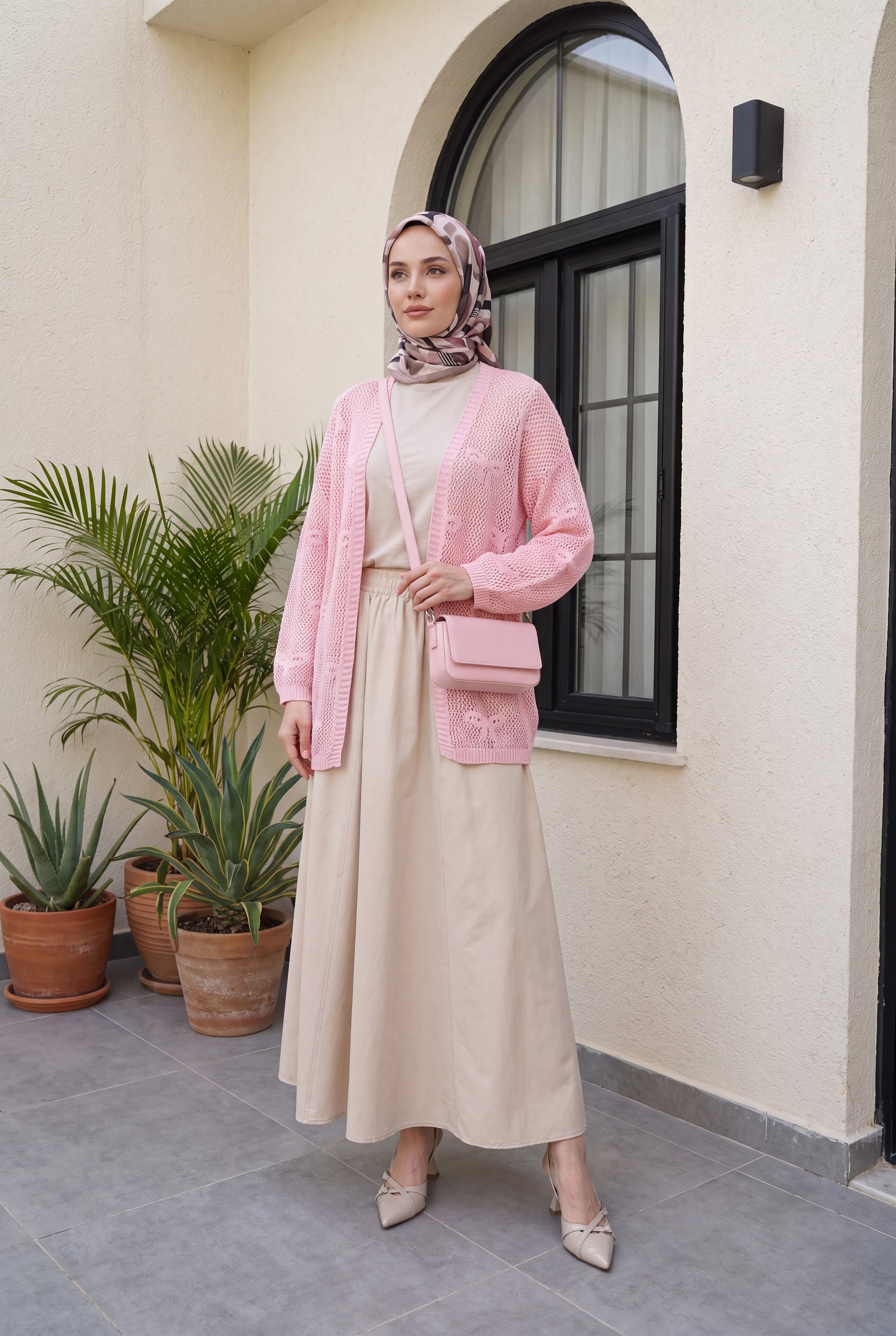 Bow Patterned Open Front Knit Cardigan - Pink - Podyumplus - by Peralane - photo 2