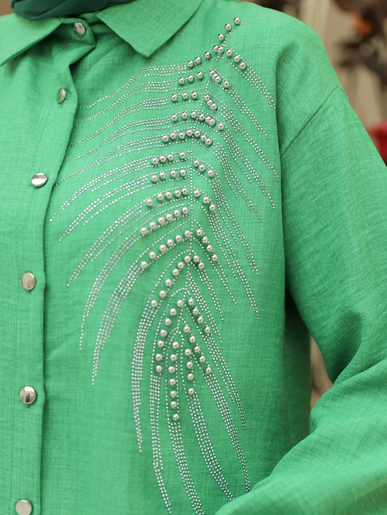 Beaded Button Two-Piece Linen Look Set - Green - Podyumplus - by Peralane - photo 4