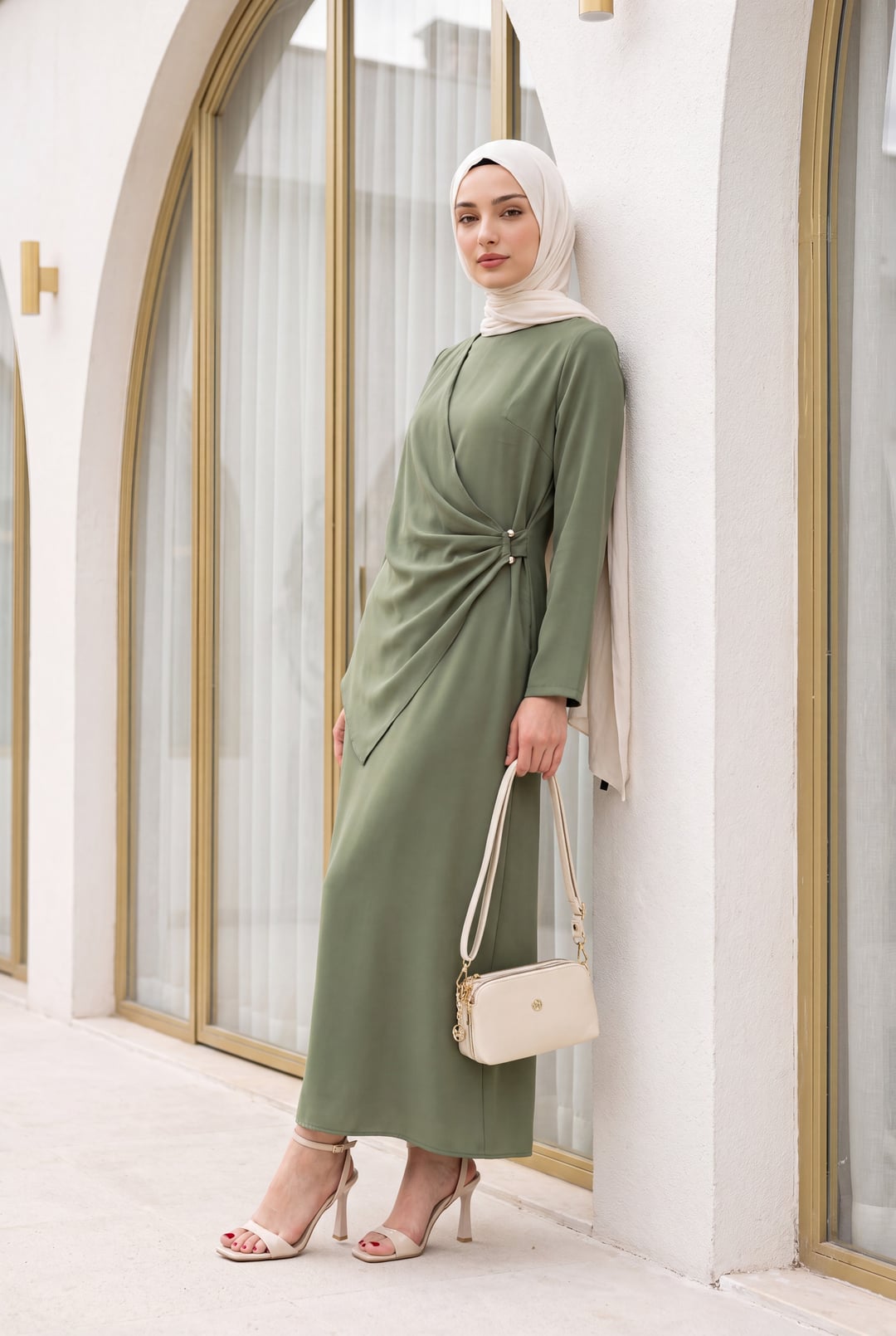 Crossover Wrap Knot Button Round Neck Imported Crepe Dress - Olive Green - Podyumplus - by Peralane