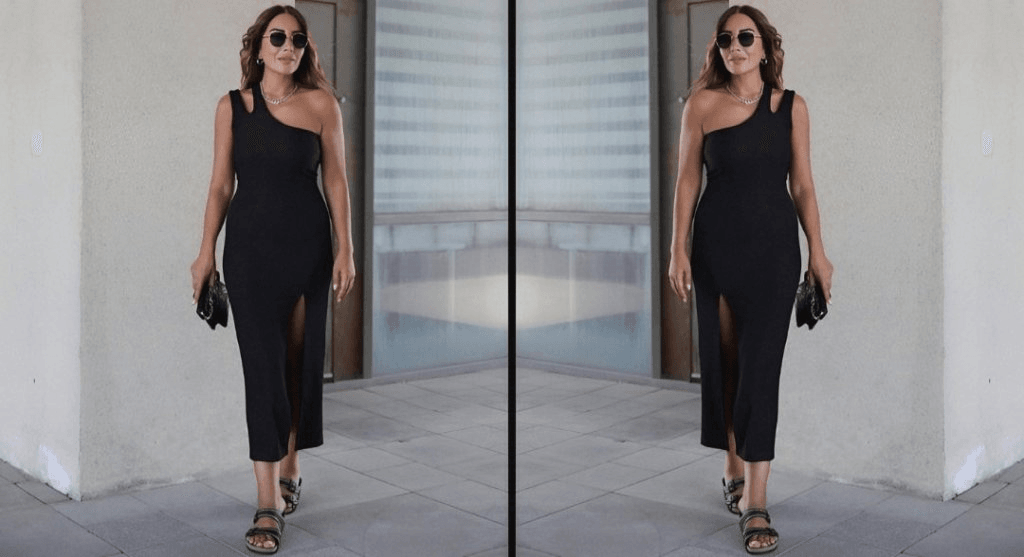 Women's Black One-Shoulder Sleeveless Viscose Two-Thread Midi Dress with Slit - Janes - by Peralane - photo 3