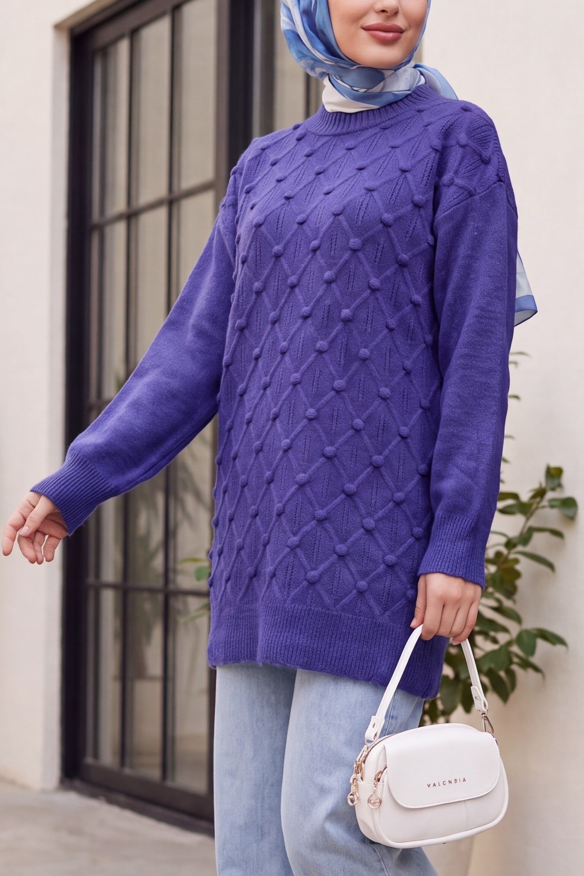 Crew Neck, Front Pom-pom Detail, Plaid, Relaxed Fit Knit Tunic - Indigo - Podyumplus - by Peralane