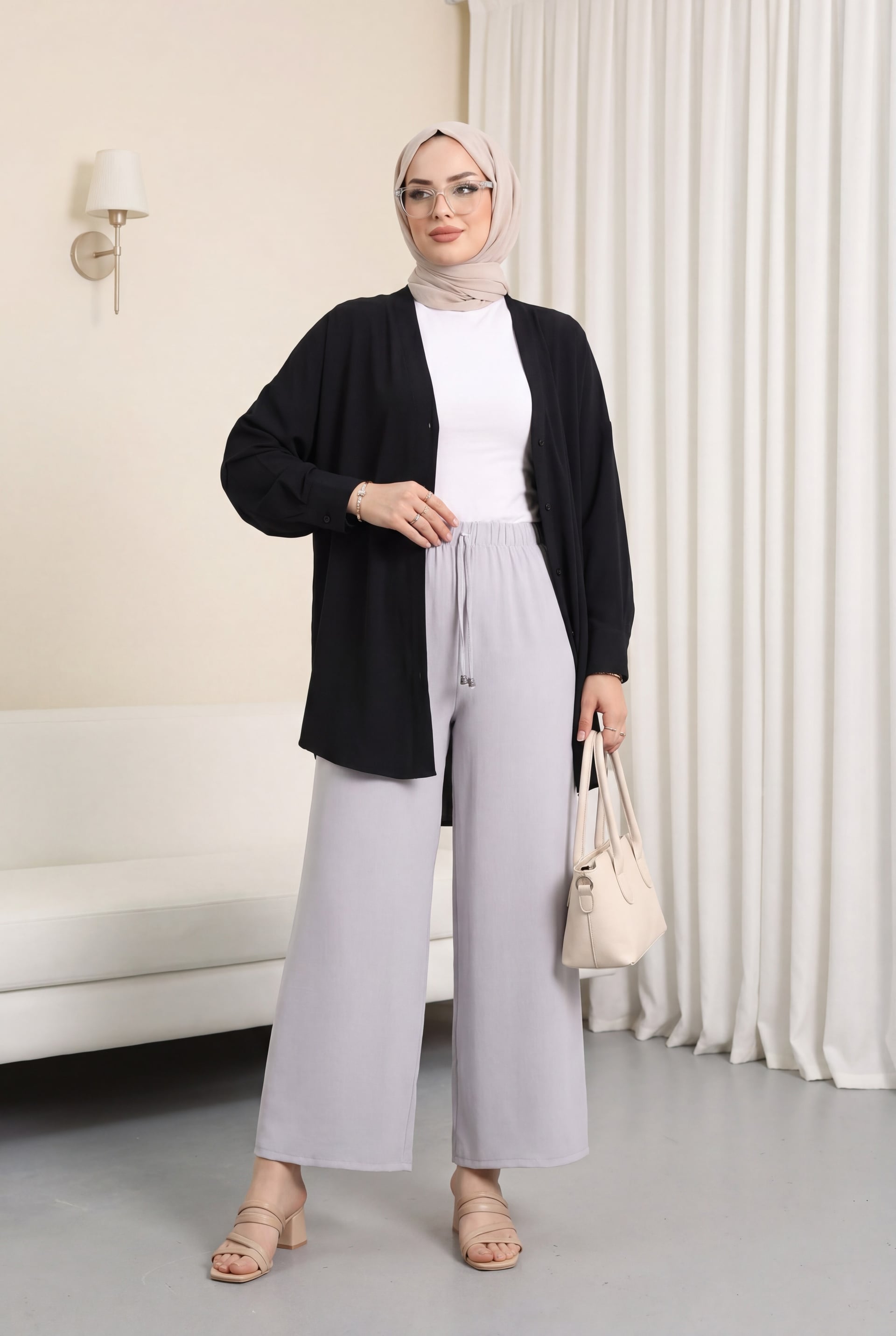 Drawstring Wide-Leg Elastic Waist Trousers - Grey - Podyumplus - by Peralane - photo 2