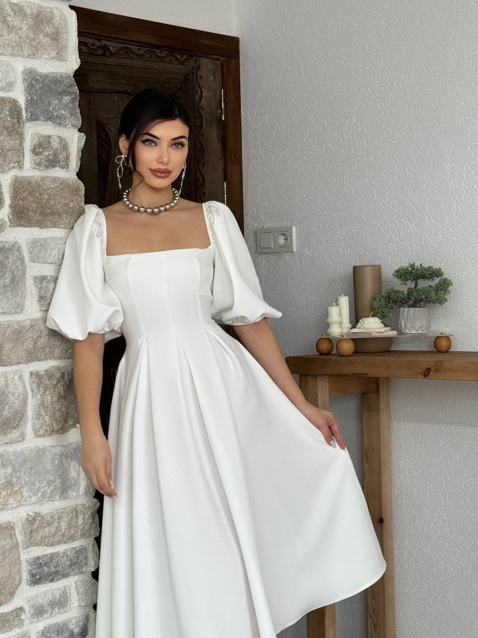 Poplin Midi Dress with Square Neck and Puff Sleeves - Ecru - Etika - by Peralane - photo 3