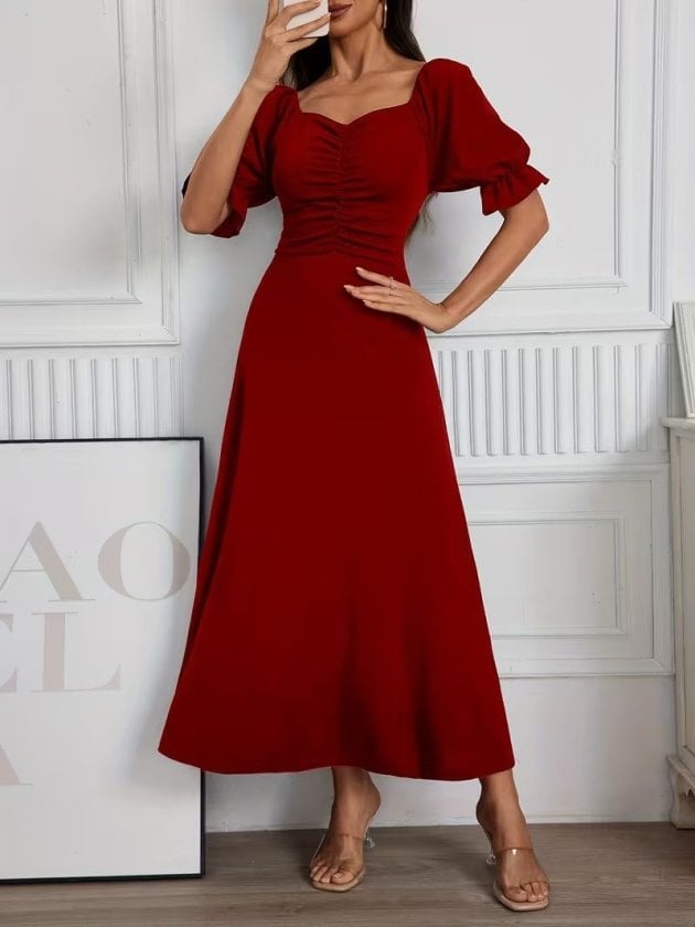Women's Short-Sleeve V-Neck Long Crepe Dress with Front Gathers - Janes - by Peralane - photo 7