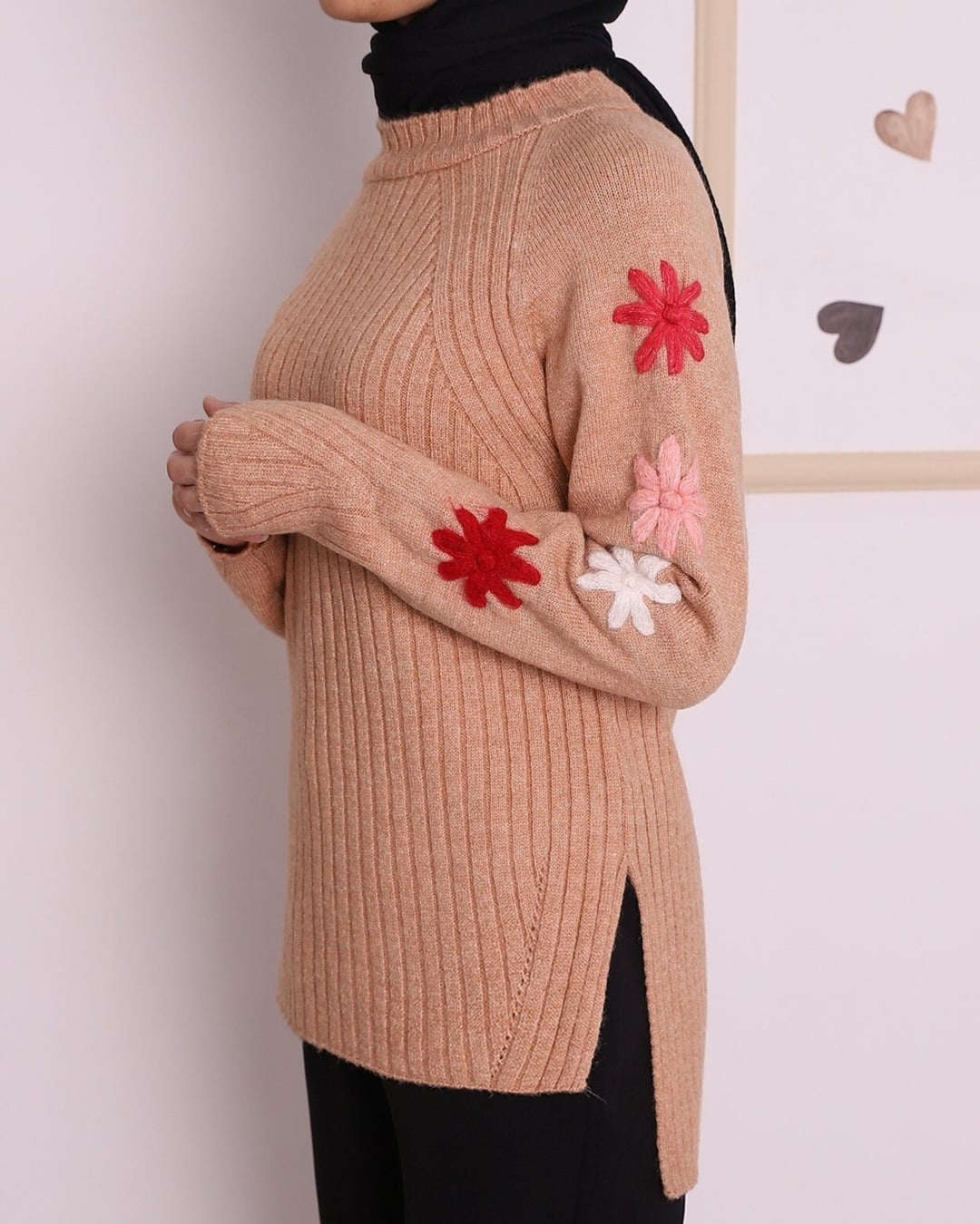 Embroidered Floral Sleeve High Neck Ribbed Knit Tunic - Camel - Podyumplus - by Peralane - photo 3