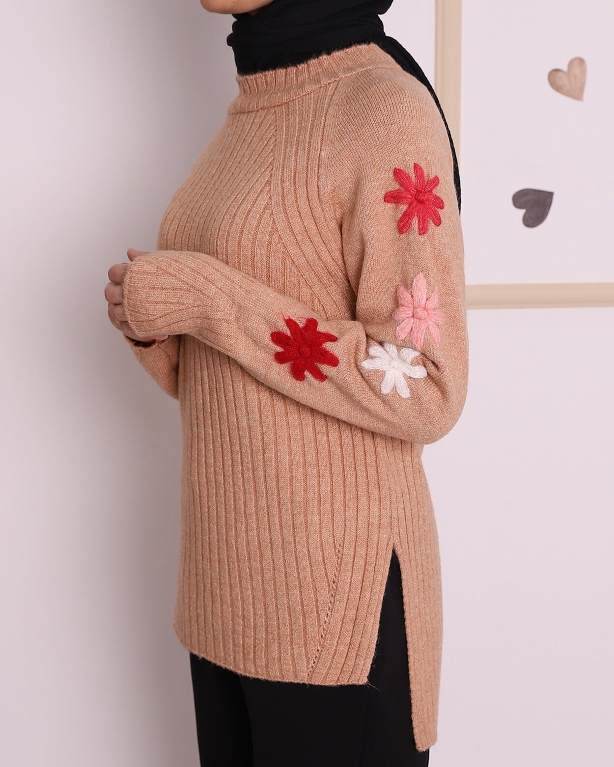 Embroidered Floral Sleeve High Neck Ribbed Knit Tunic - Camel - Podyumplus - by Peralane - photo 3
