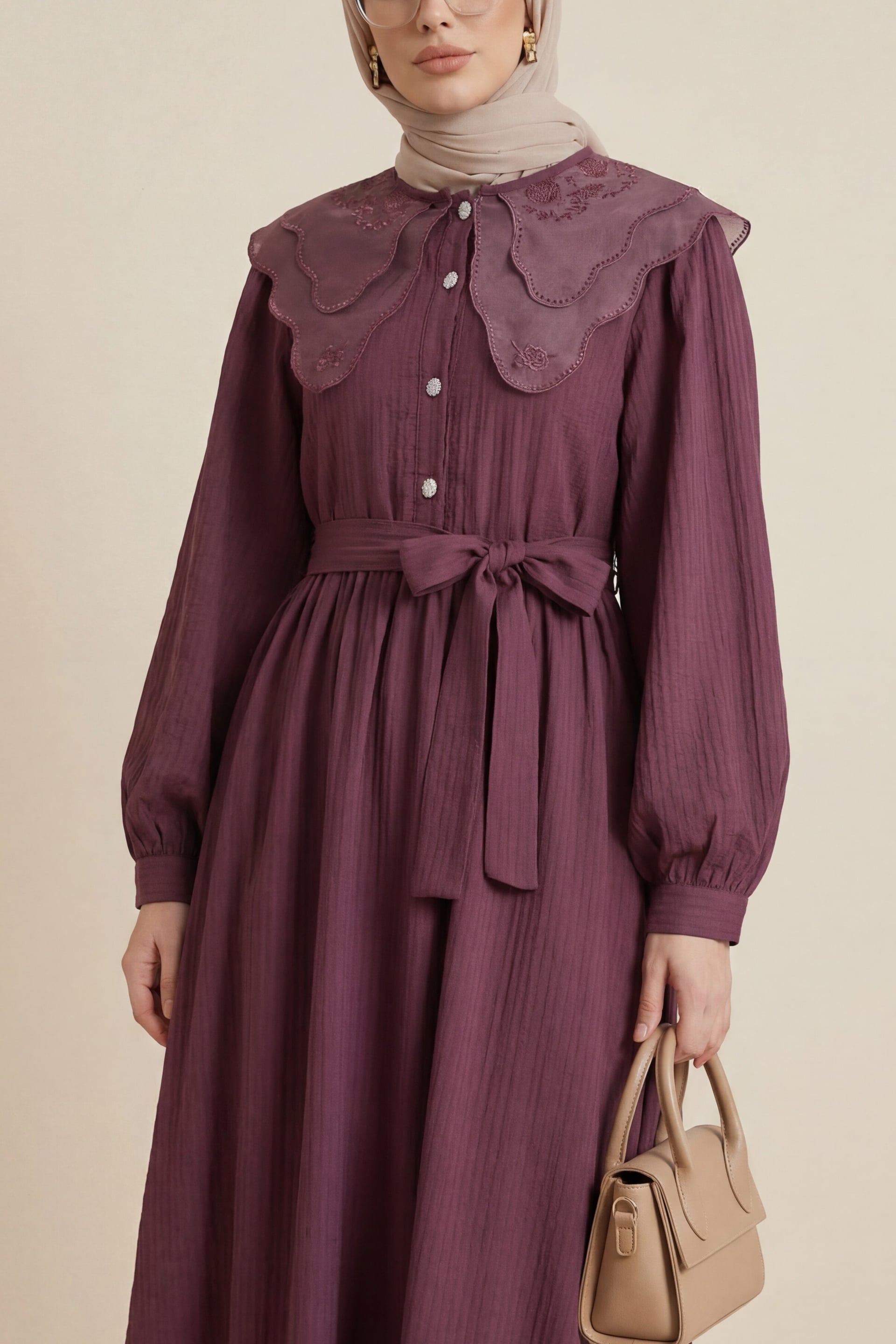 Organza Baby Collar Stone Button Crinkle Dress - Plum - Podyumplus - by Peralane - photo 2