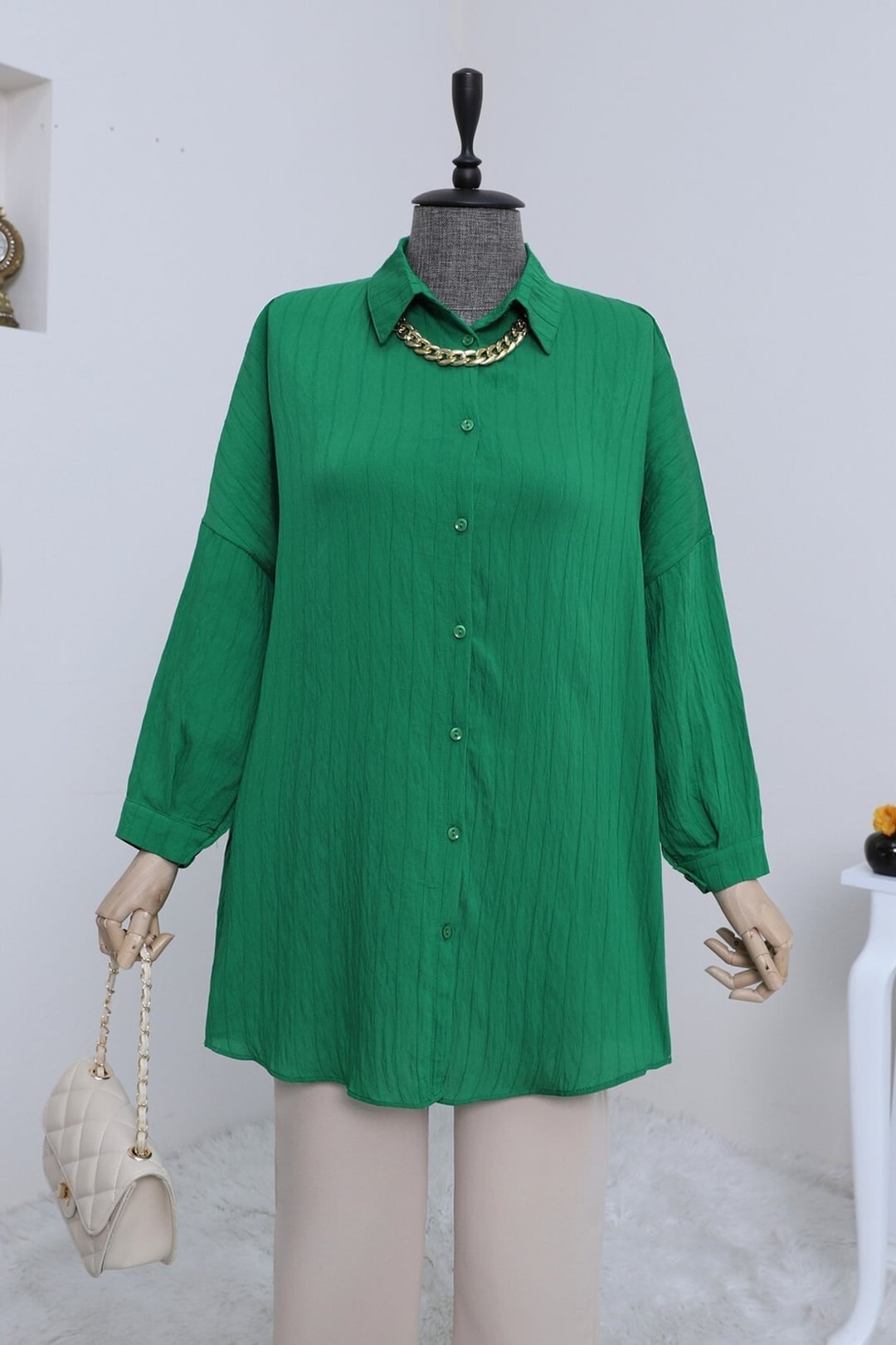 Green Patterned Button-Down Tunic Blouse - Podyumplus - by Peralane - photo 4