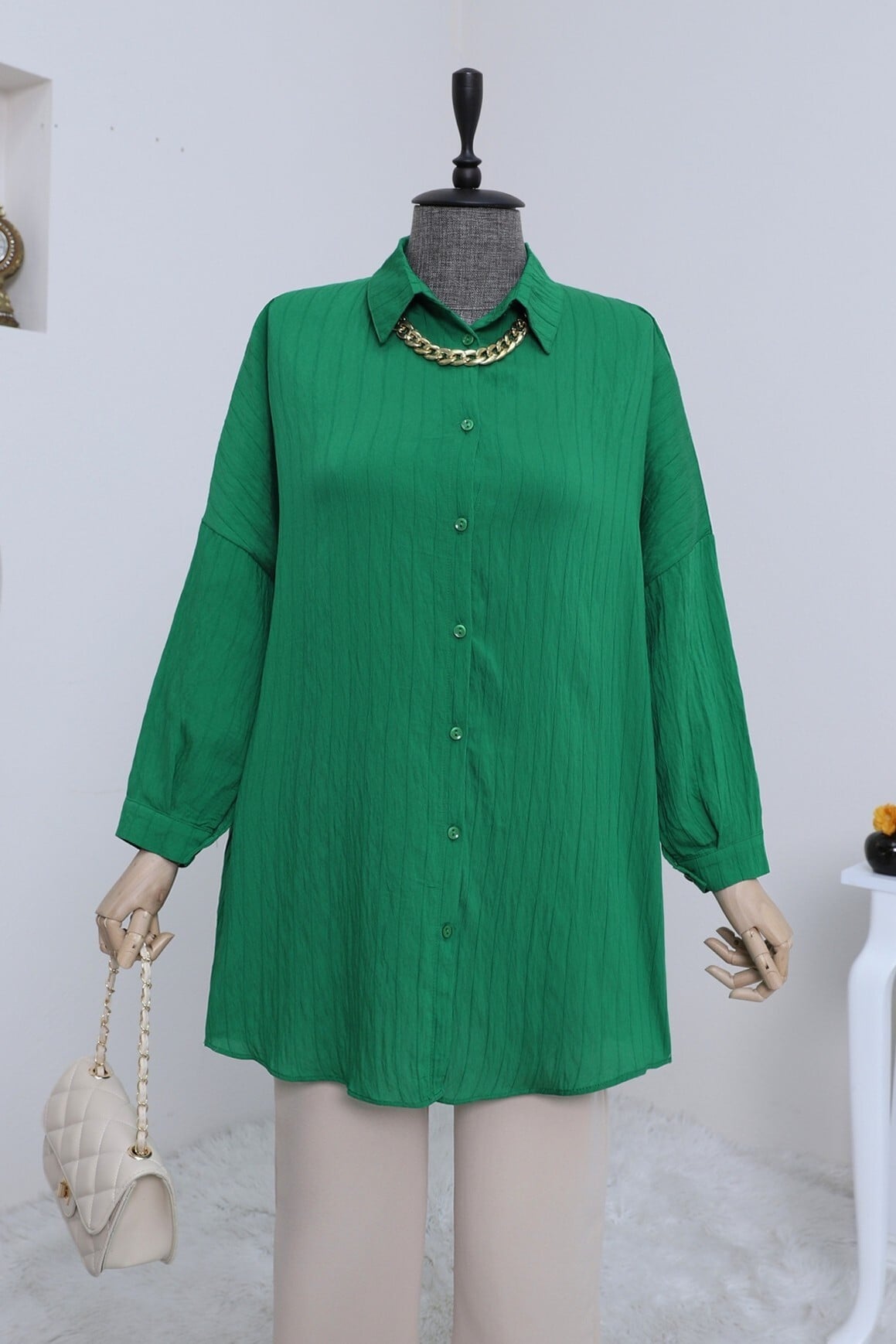 Green Patterned Button-Down Tunic Blouse - Podyumplus - by Peralane - photo 4