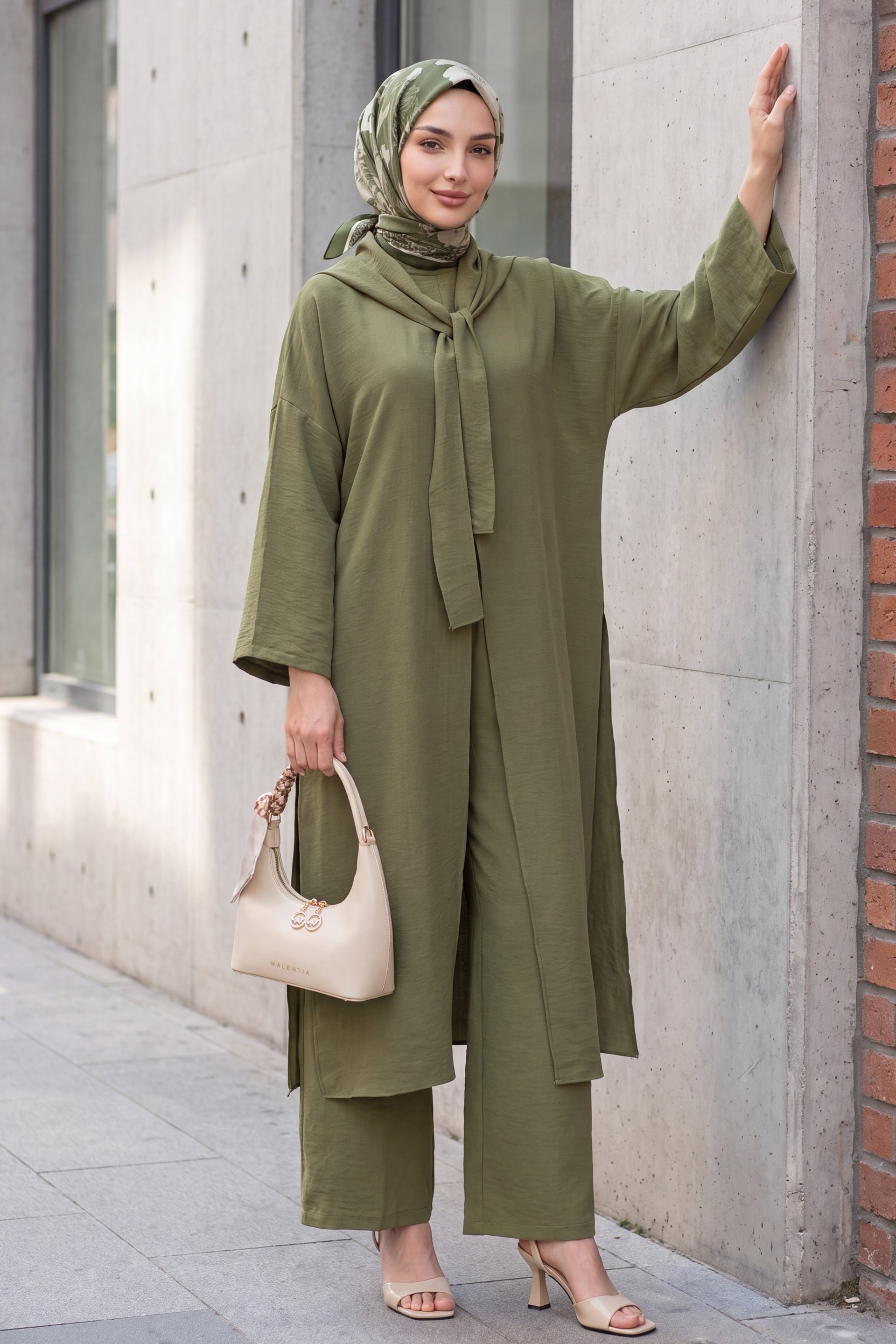 Olive Green Linen Modest Tunic and Wide-Leg Trouser Set with Scarf Detail - Podyumplus - by Peralane