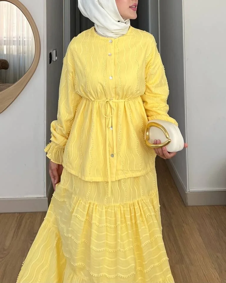 Women’s Button-Front Yellow Modest Two-Piece Set with Embroidered Lace Skirt - Podyumplus - by Peralane - photo 5