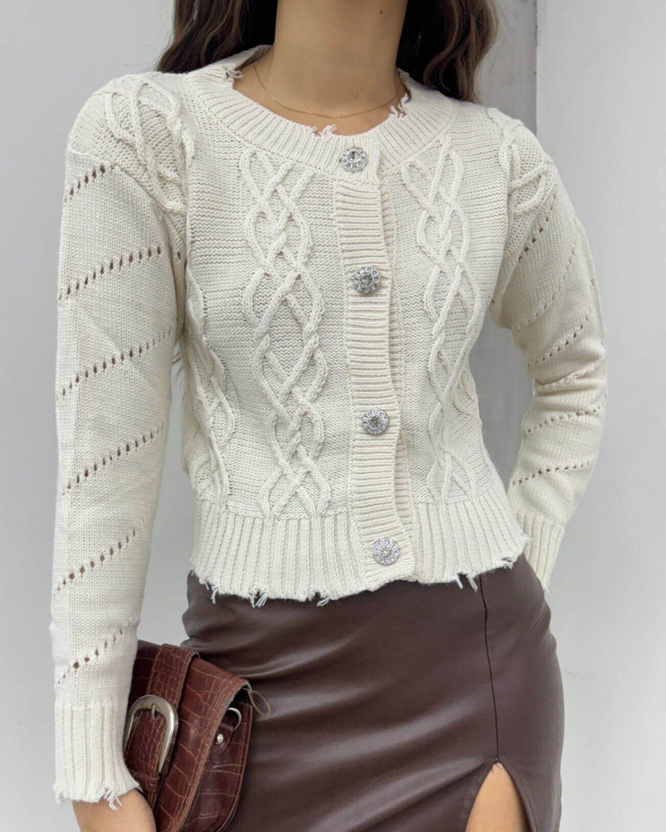 Stone Button Cropped Knit Cardigan - Beige - Podyumplus - by Peralane - photo 4