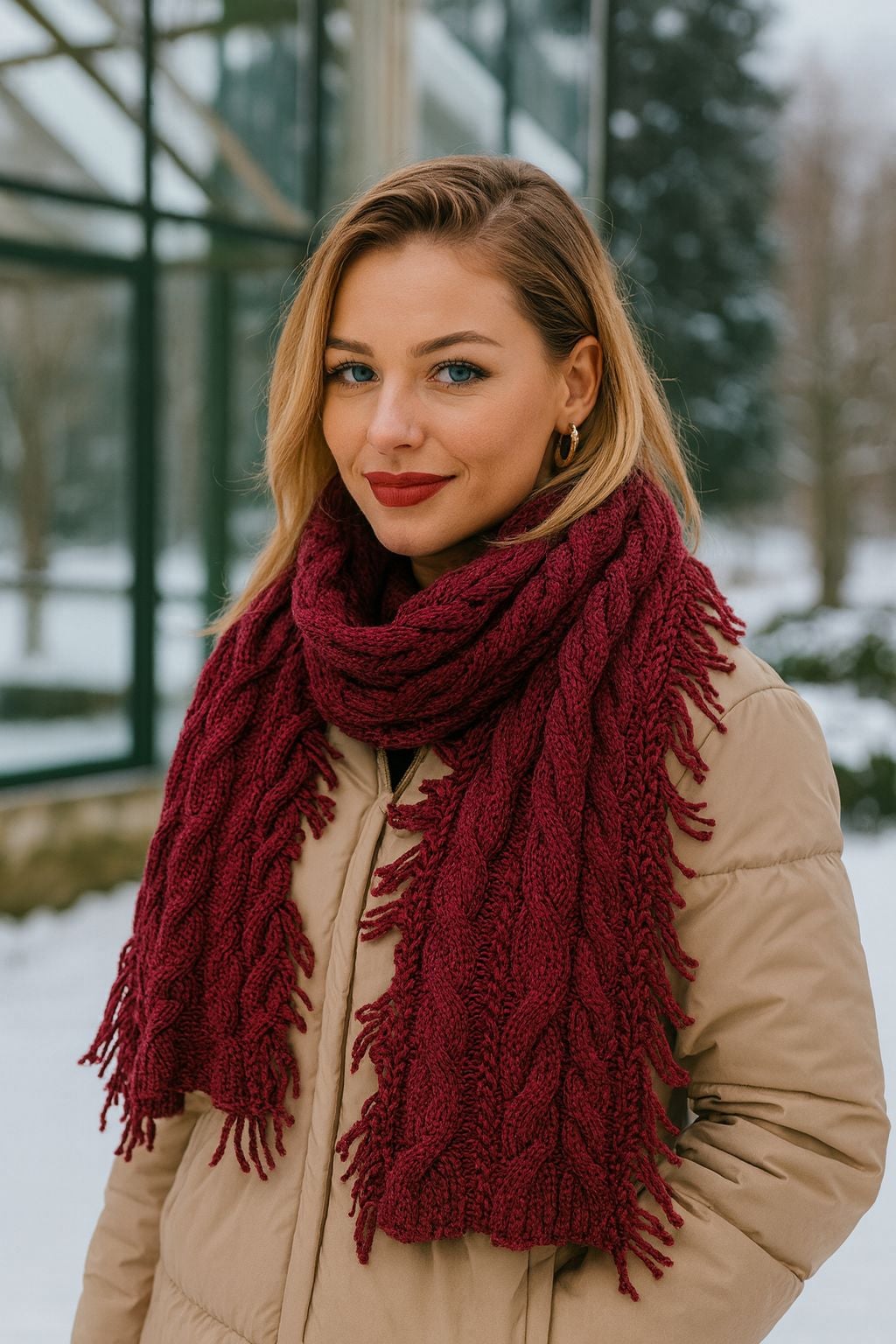 Wide Knitted Fringed Scarf in Deep Red, 30x180 cm, Pack of 4 - Nesvay - by Peralane