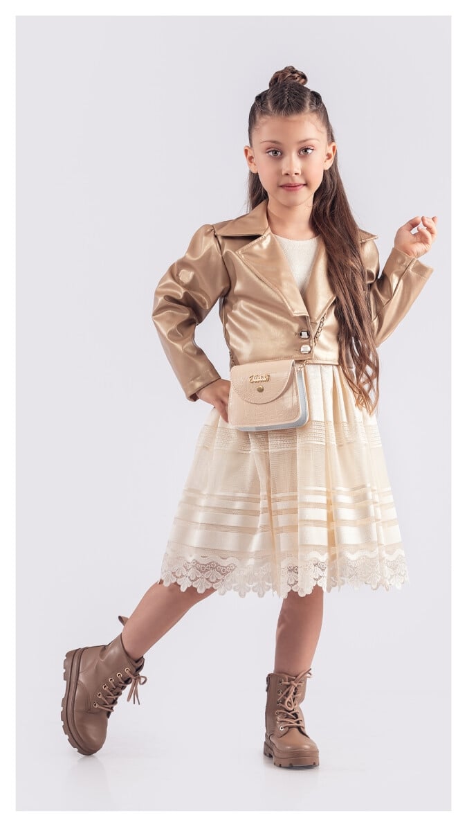 Girl's Dress and Jacket Set with Bag - Beige - 6-12 Years (Pack of 4) - Tivido - by Peralane