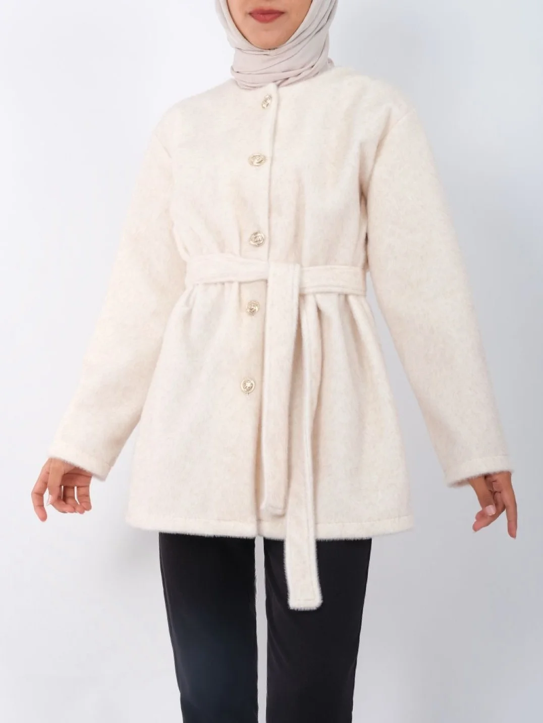 Buttoned Belted Fur-Trimmed Jacket - Ecru - Podyumplus - by Peralane - photo 2