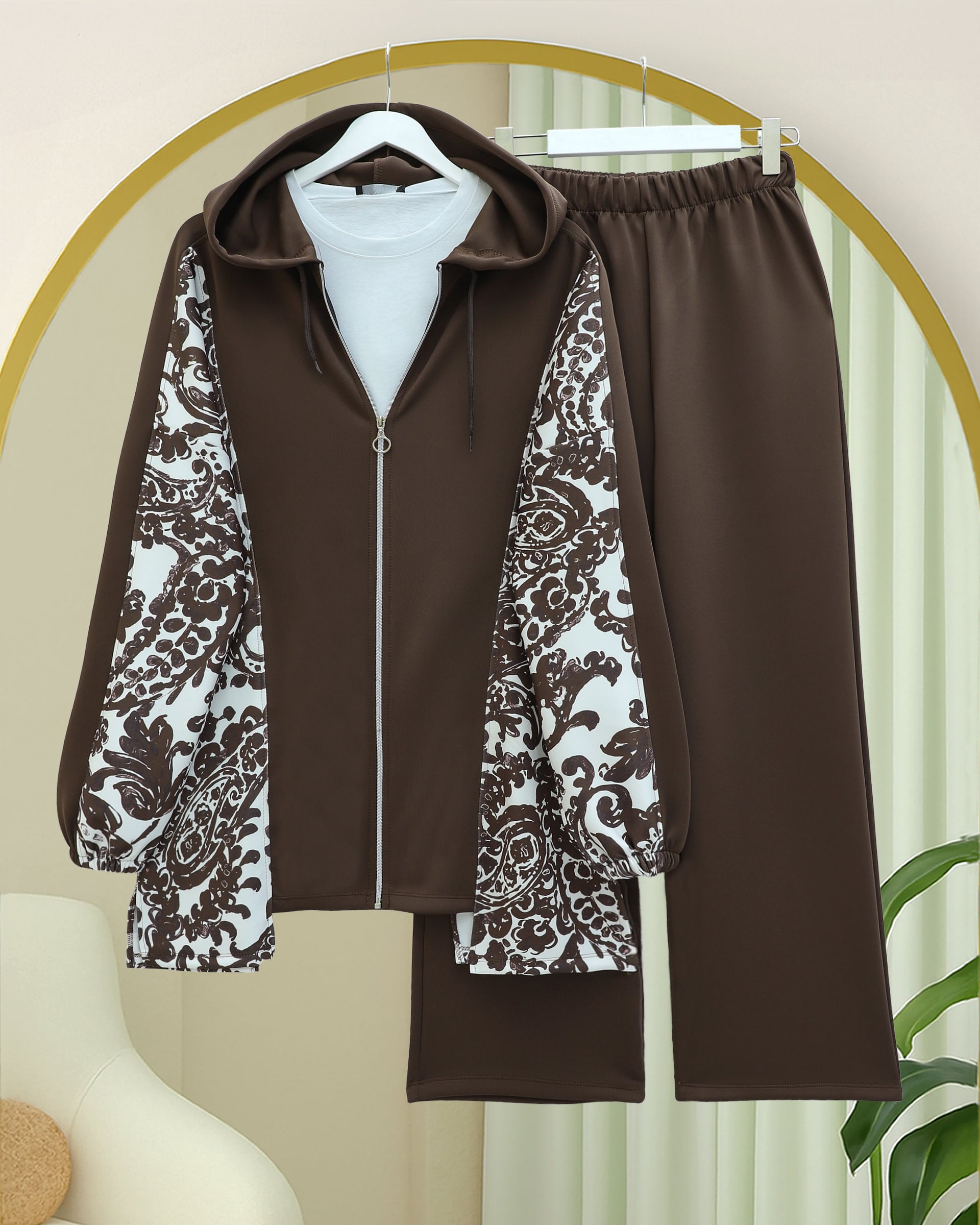 Zip Hooded Scuba Co-ord Set with Side Print - Brown - Podyumplus - by Peralane - photo 2