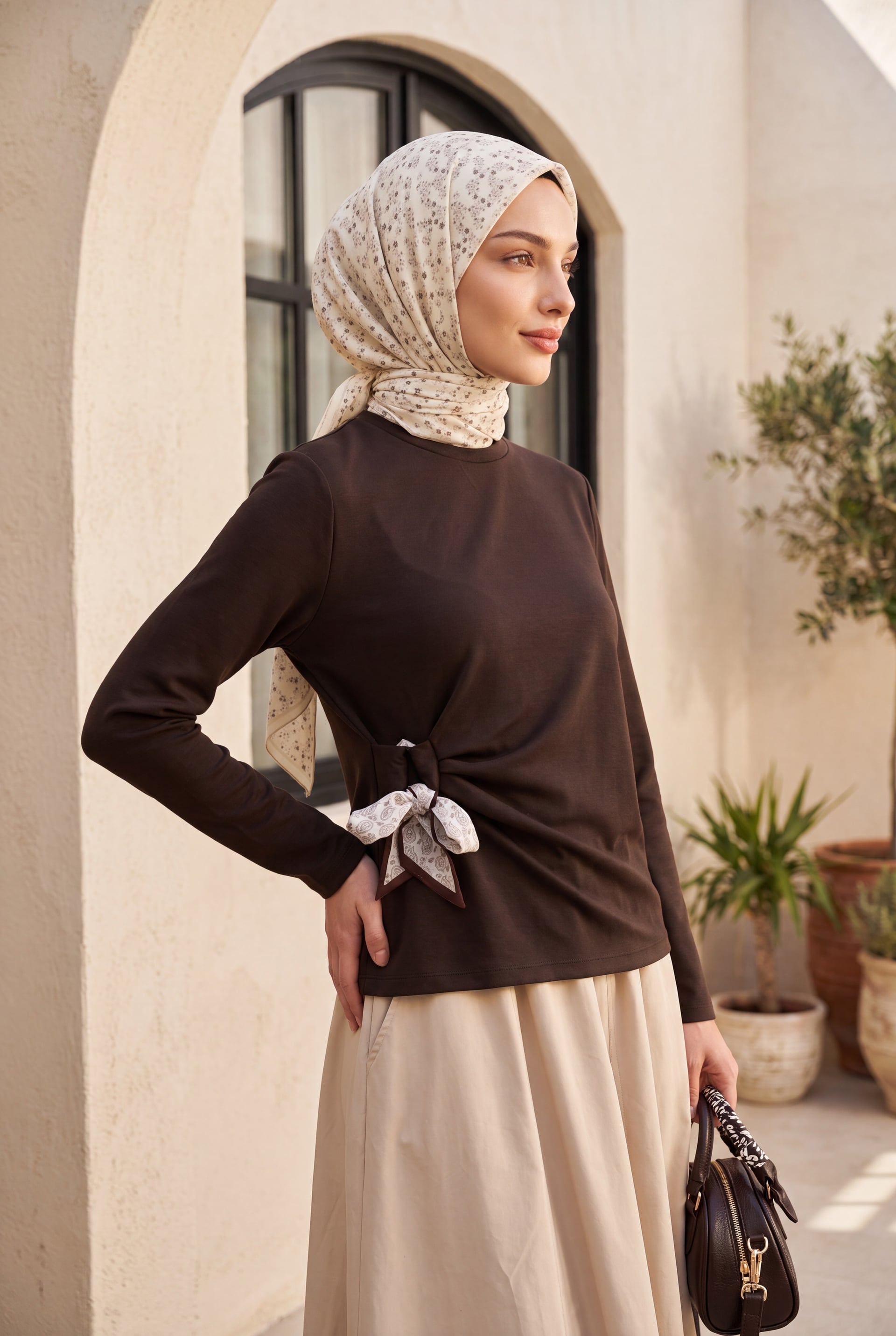 Women's Dark Brown Side-Tie Wrap Top with Scarf Detail - Podyumplus - by Peralane - photo 3