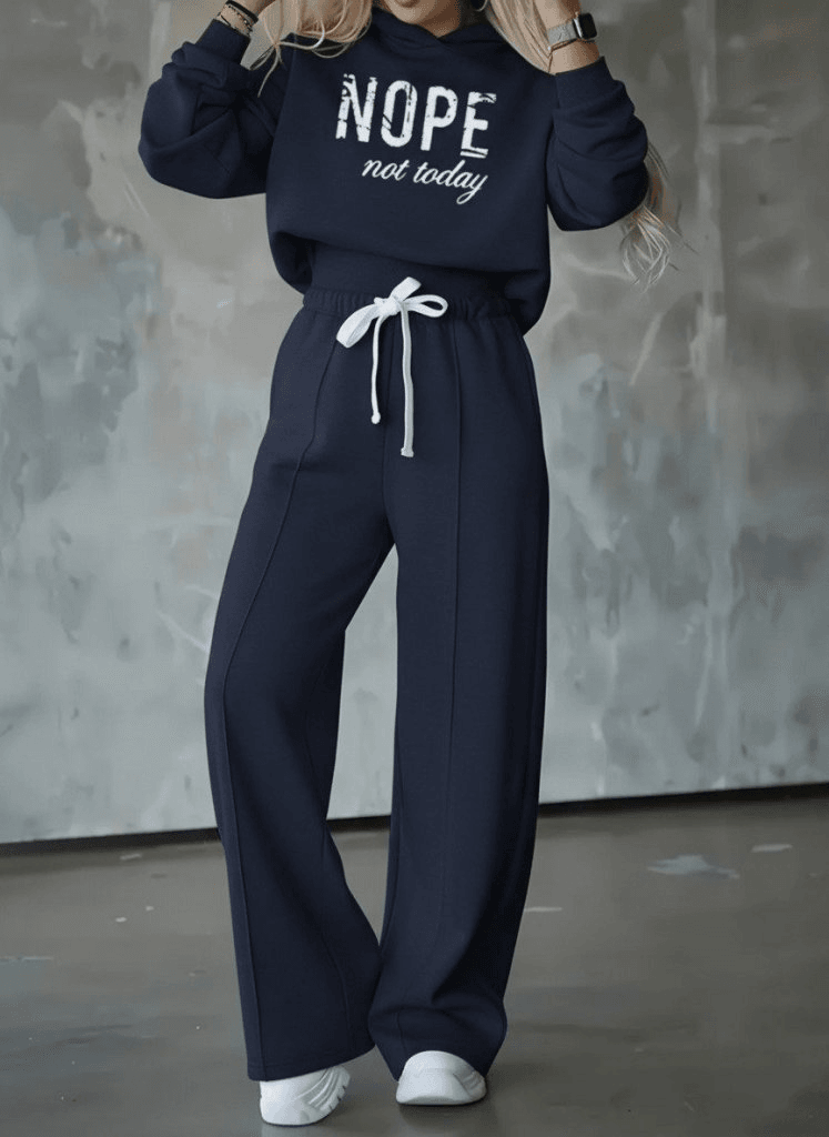 Women's Navy Blue Nope Print Hooded Sweatshirt and Wide-Leg Trousers Loungewear Set - Janes - by Peralane