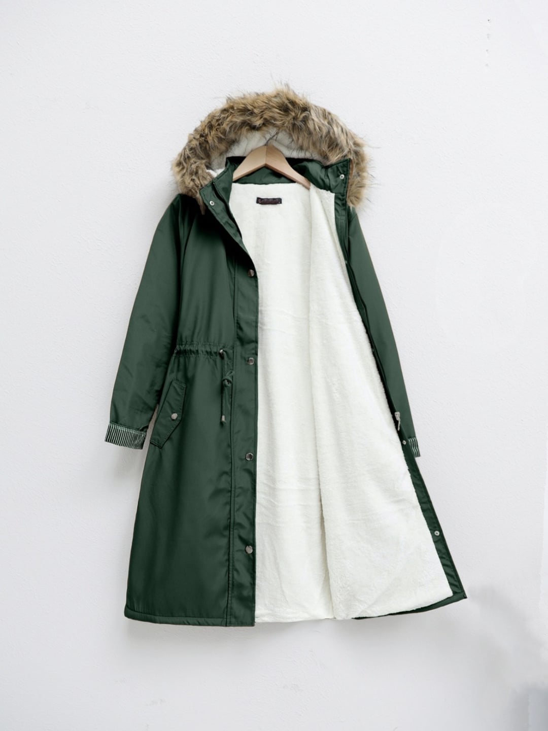Women's Long Faux Fur Hooded Sherpa Lined Jacket - Khaki - Podyumplus - by Peralane - photo 3