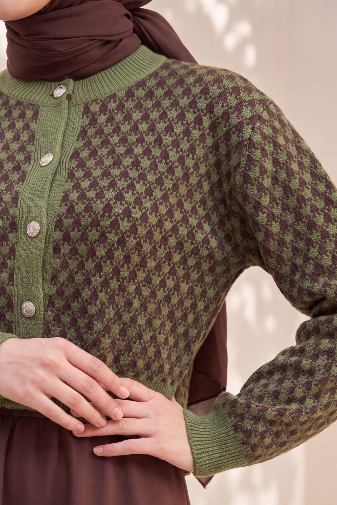 Round Neck Buttoned Patterned Knit Cardigan - Khaki - Podyumplus - by Peralane - photo 3