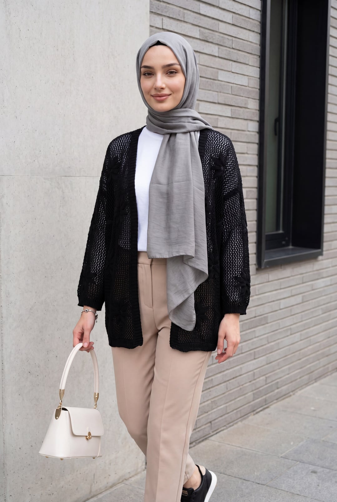 Black Floral Detail Openwork Knit Cardigan - Podyumplus - by Peralane - photo 6