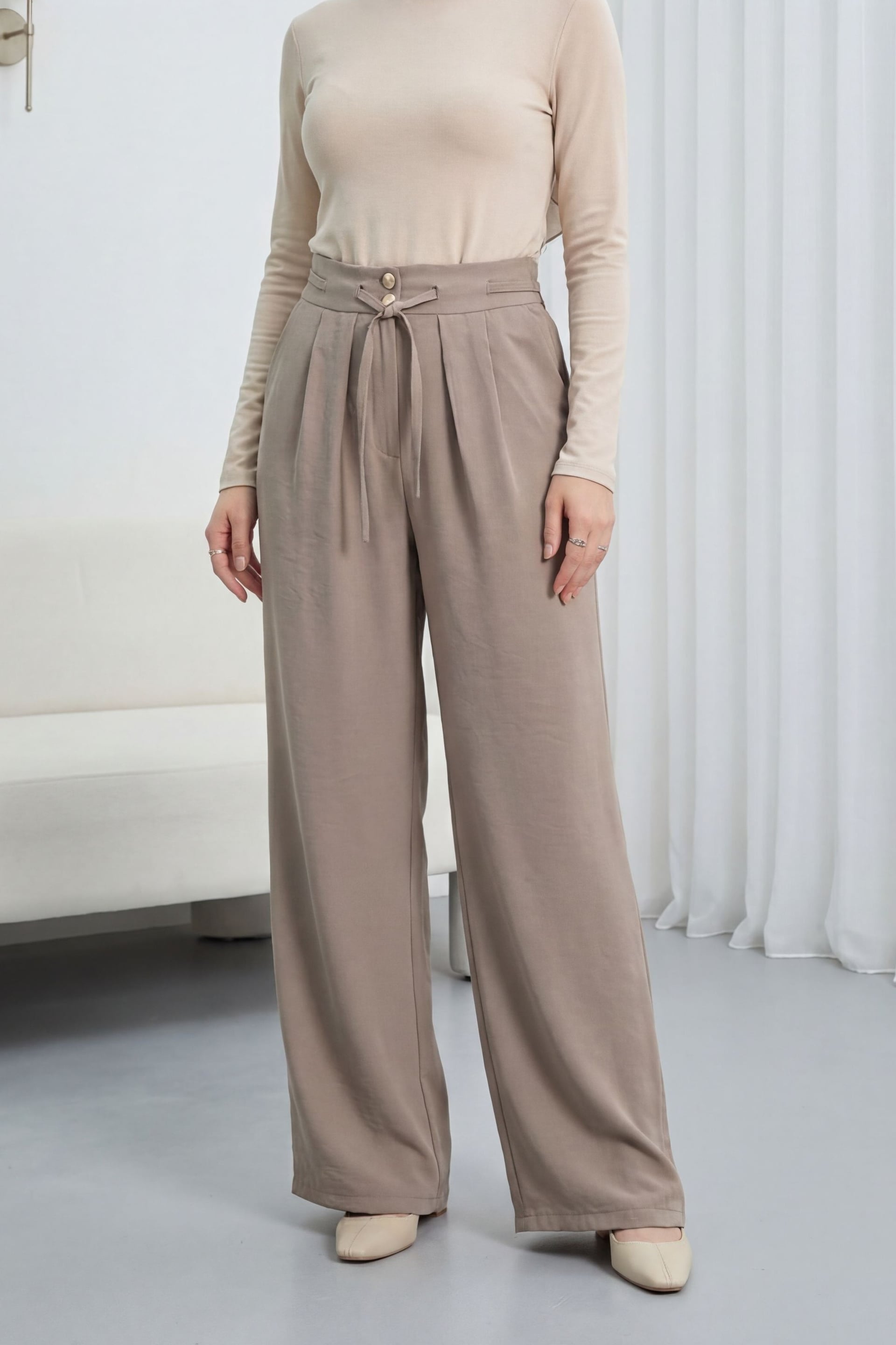 High Waist Tie-Front Double Button Tencel Trousers - Taupe - Podyumplus - by Peralane
