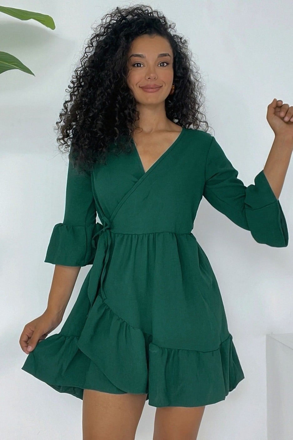Dark Green Wrap Dress with Ruffled Hem and Sleeves - Podyumplus - by Peralane