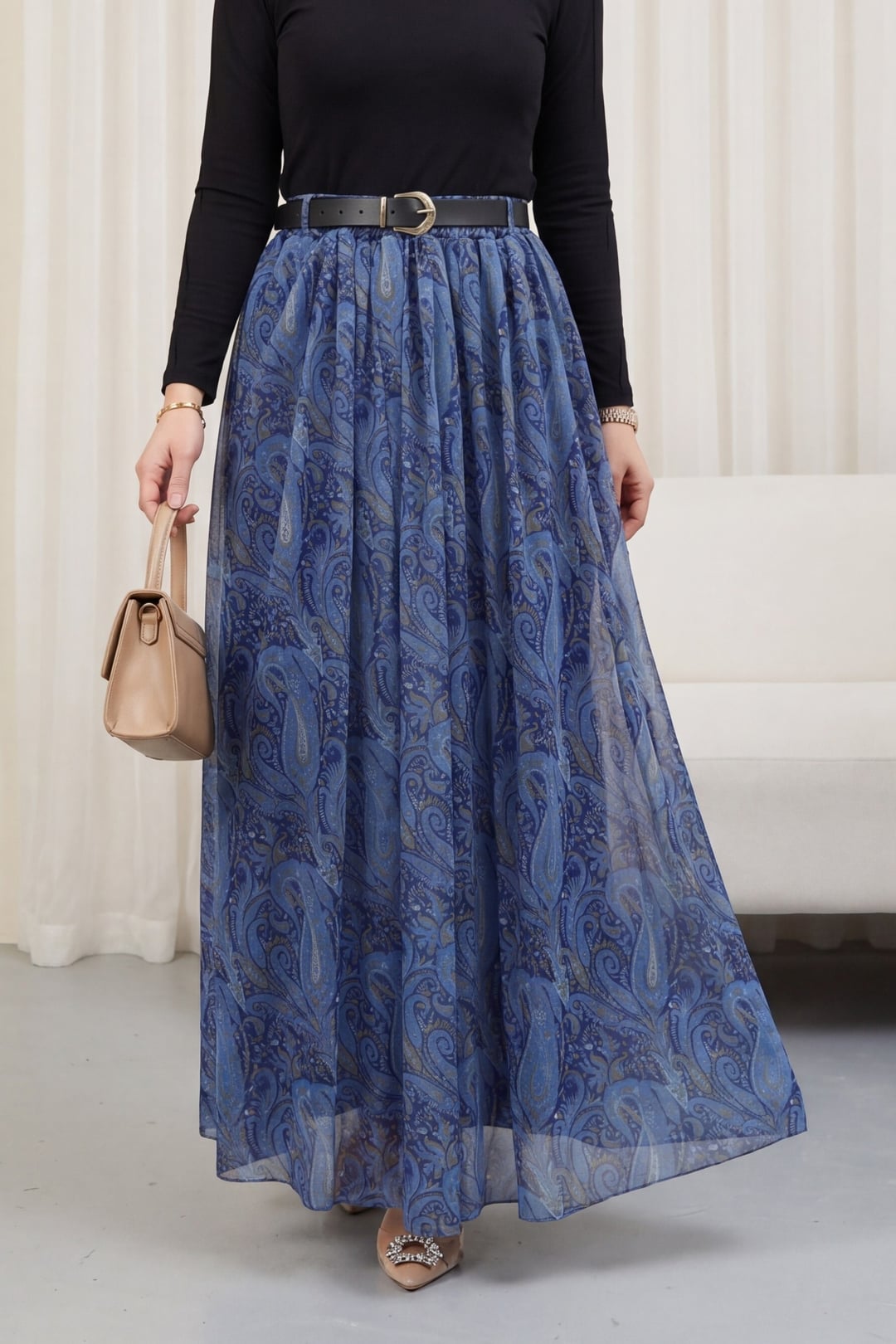 Elasticated Waist Belted Lined Patterned Tulle Skirt - Indigo - Podyumplus - by Peralane - photo 9