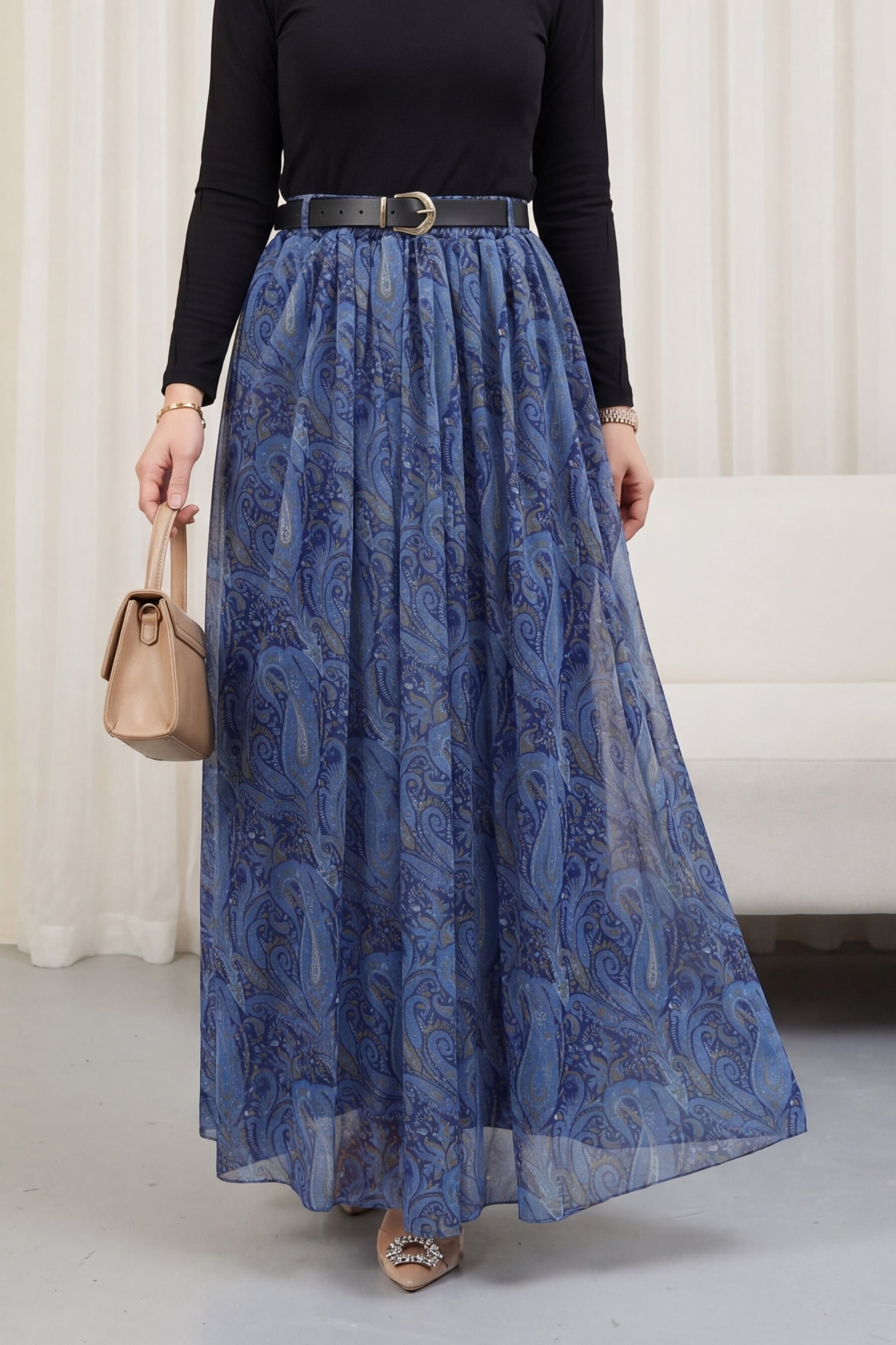 Elasticated Waist Belted Lined Patterned Tulle Skirt - Indigo - Podyumplus - by Peralane - photo 9