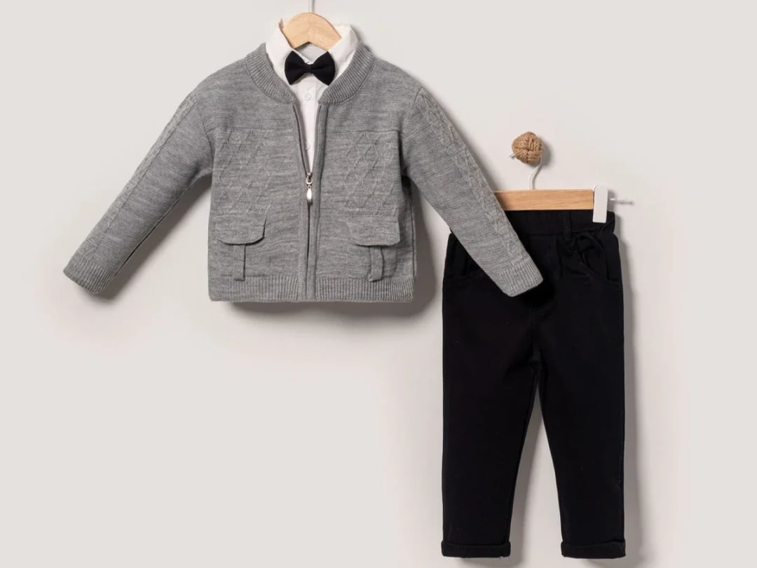 Boys' 3-Piece Set with Bow Tie Cardigan - Grey - Eymus - by Peralane