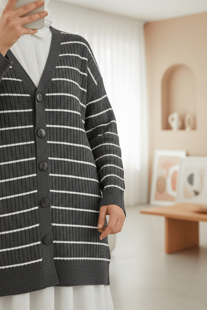 Ribbed Buttoned Long Knit Cardigan - Smoke - Podyumplus - by Peralane