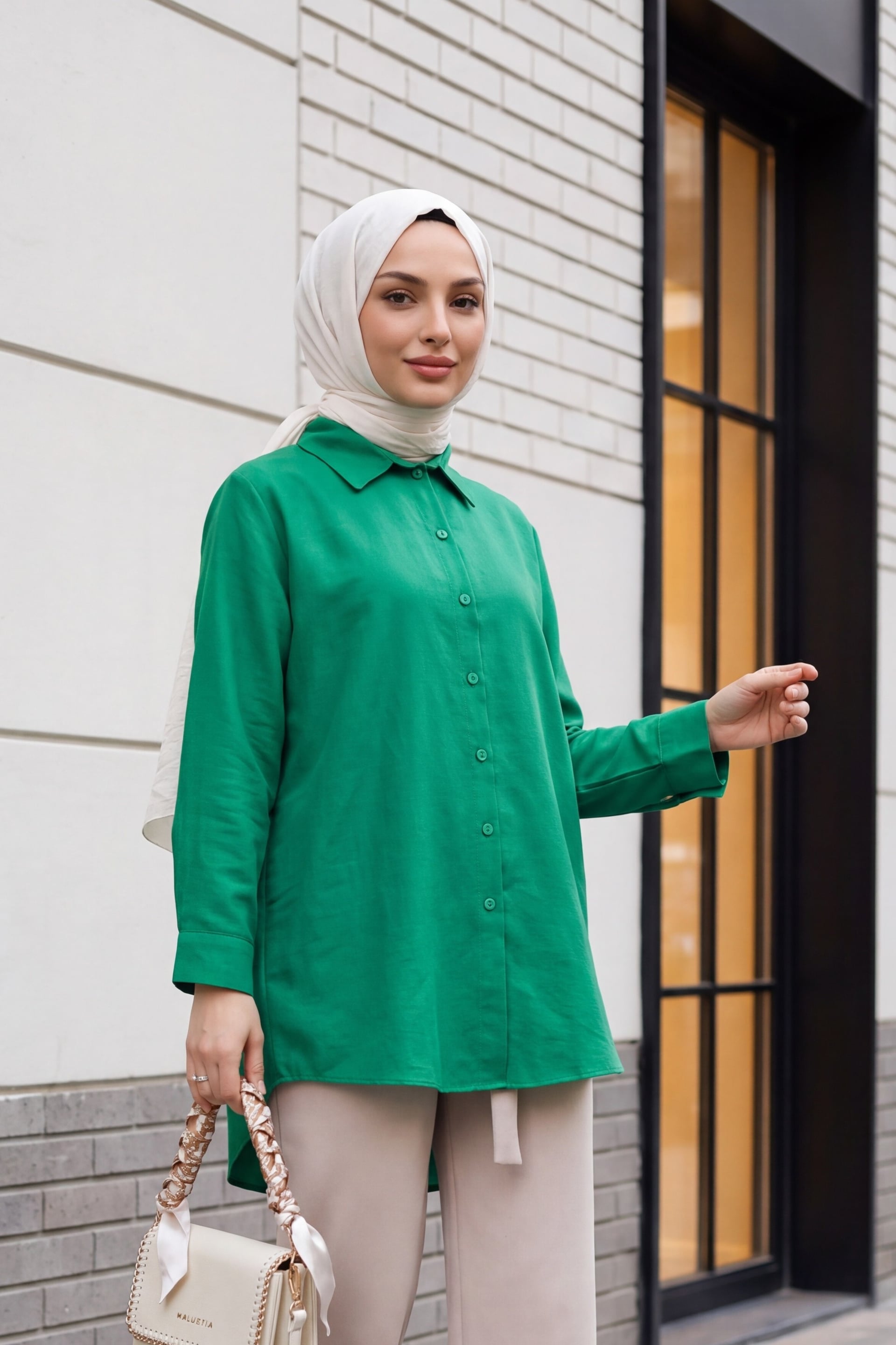 Long Back Button Poplin Blouse - Green - Podyumplus - by Peralane