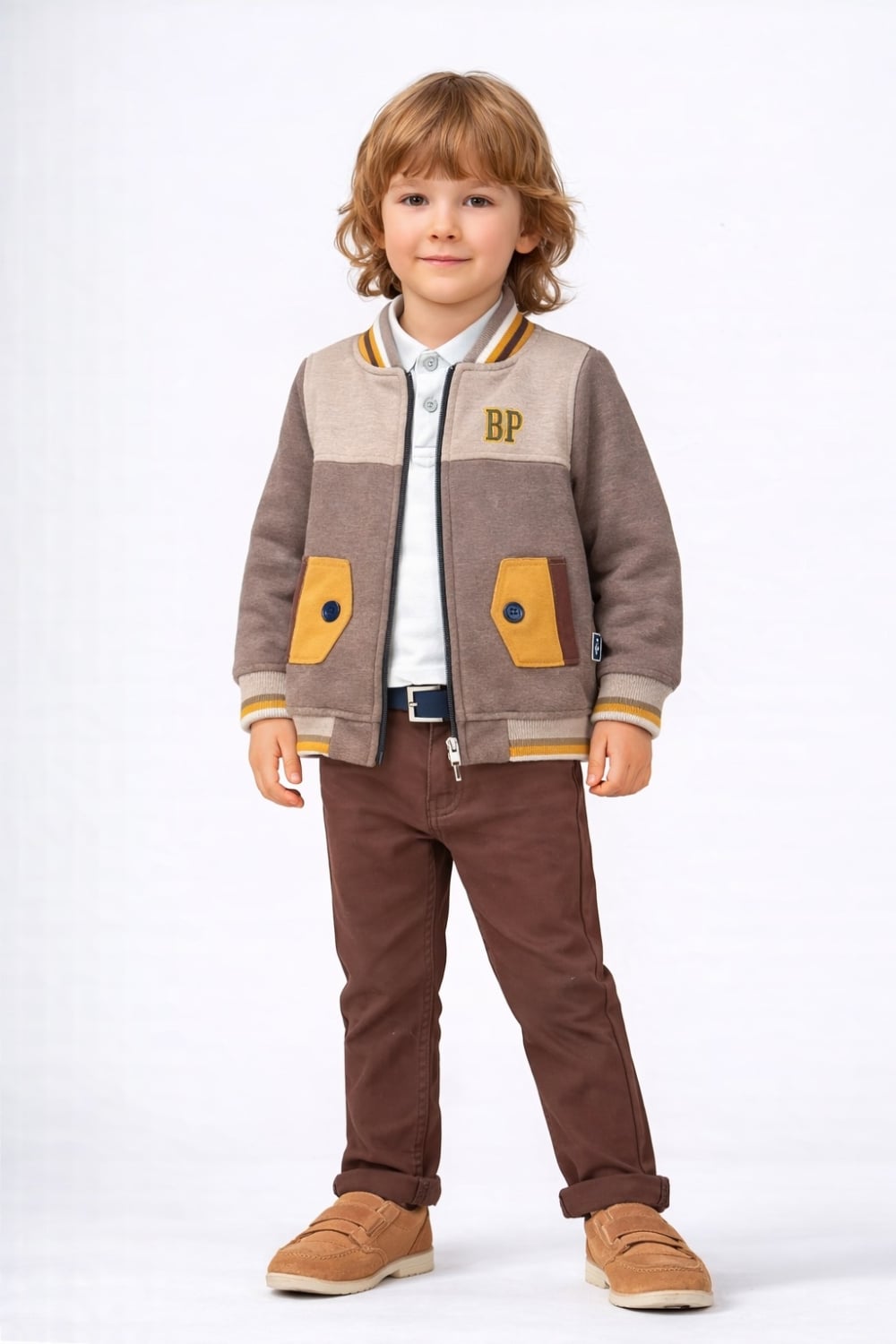 Boys' Colour-Block Bomber Jacket with Polo Collar - Brown - Has Bereket - by Peralane