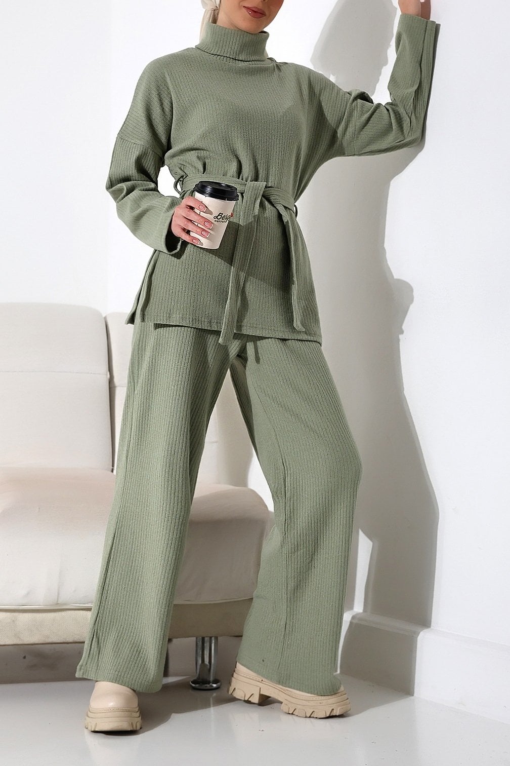 Half Turtleneck Ribbed Knit Lounge Set with Belt - Sage Green - Podyumplus - by Peralane