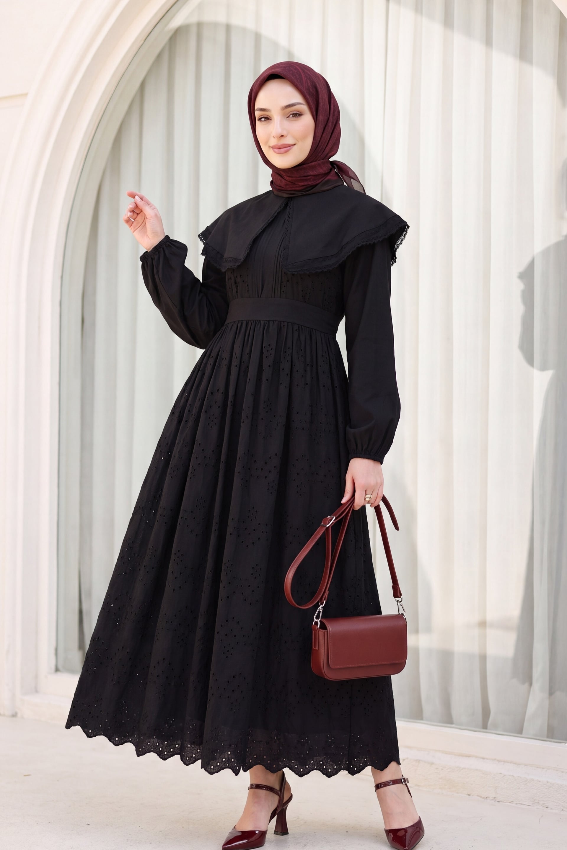 Cape Collar Lace Detail Dress - Black - Podyumplus - by Peralane
