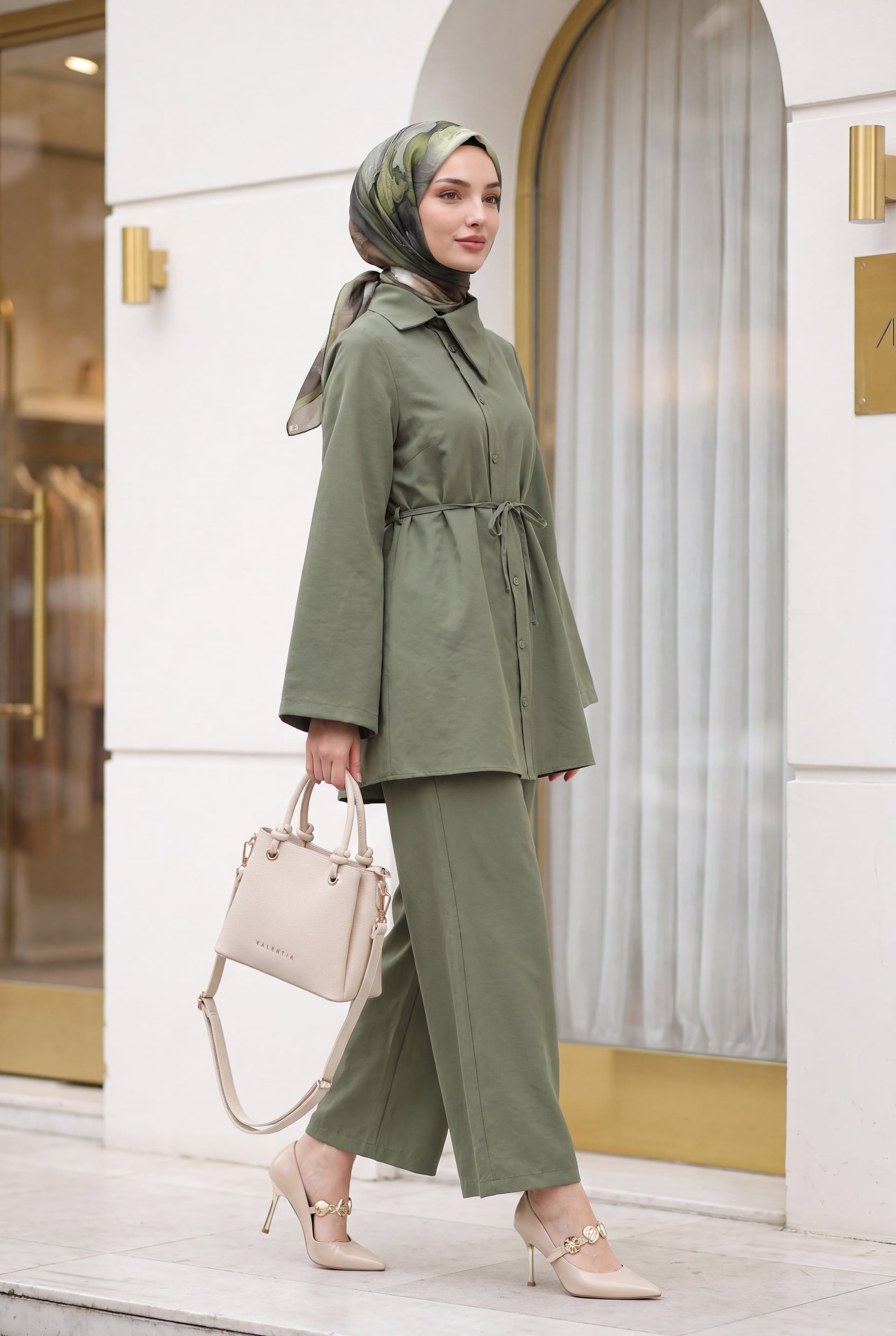 Side Collar Buttoned Belted Modal Co-ord Set - Olive Green - Podyumplus - by Peralane
