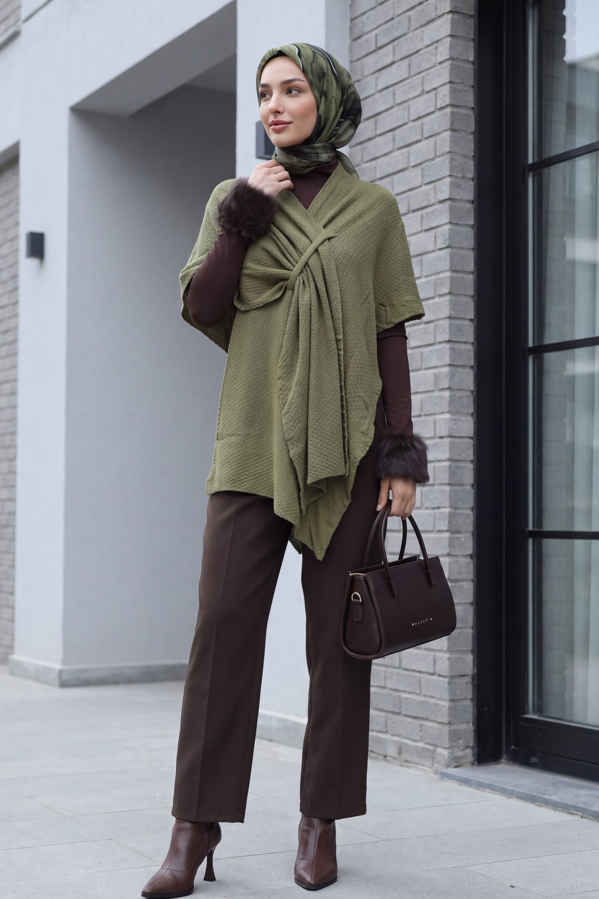 Olive Green Slouchy Knit Poncho Cardigan - Podyumplus - by Peralane - photo 3