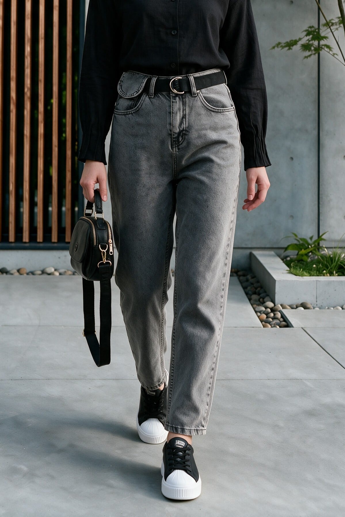 High Waist Belted Denim Trousers with Snap Detail - Smoke Grey - Podyumplus - by Peralane - photo 4