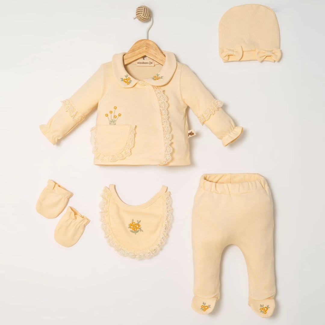 Cream Newborn Set with Jacket, Footed Pants, Hat, Mittens and Bib - Miniborn - by Peralane