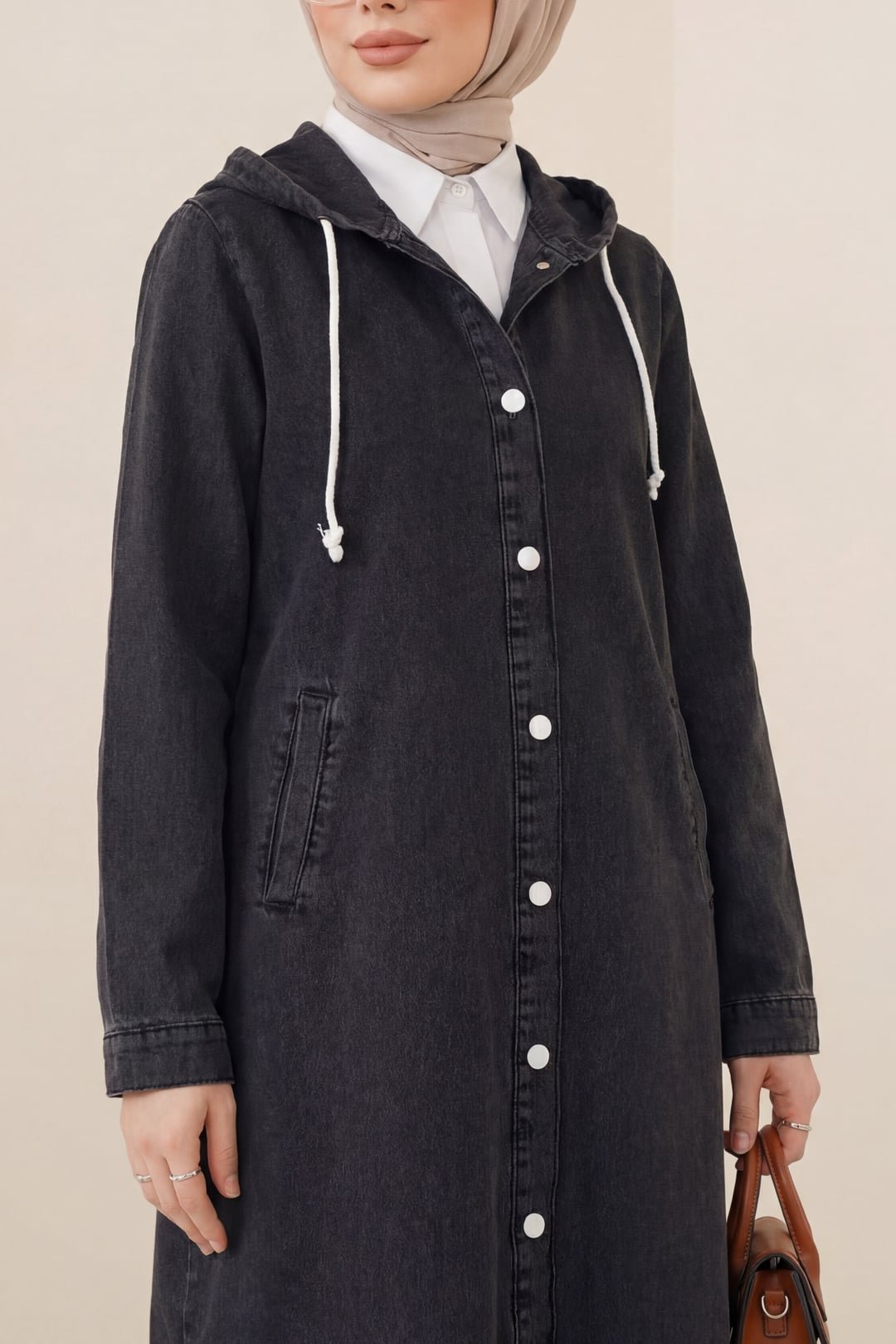 Hooded Button-Front Oval-Cut Denim Jacket - Black - Podyumplus - by Peralane - photo 2