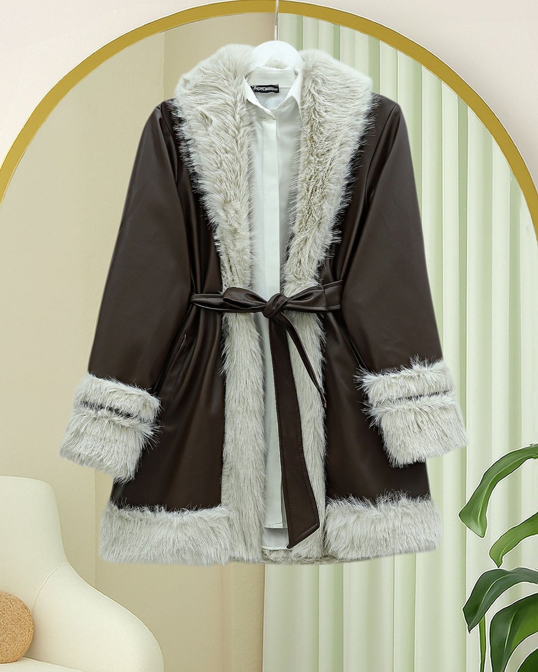 Women's Faux Fur Trimmed Belted Faux Leather Jacket - Brown - Podyumplus - by Peralane - photo 5