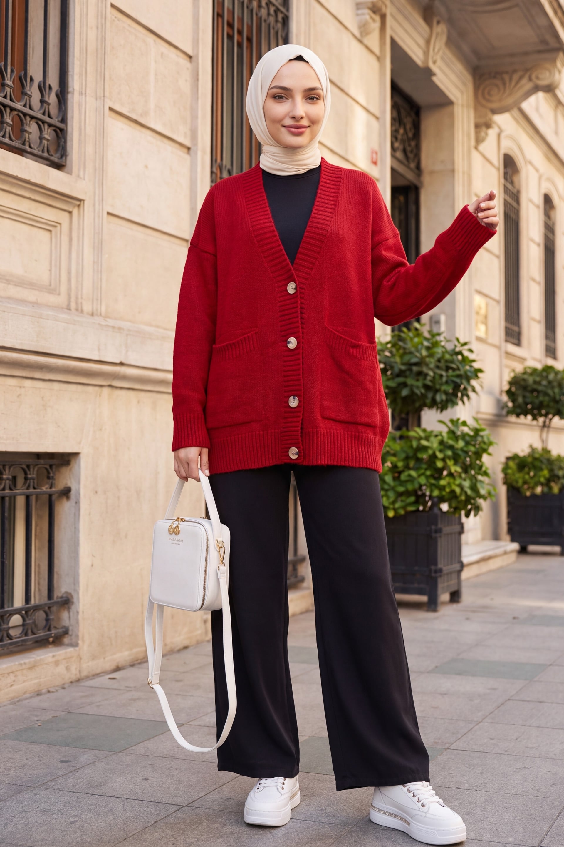 Red Button-Front Loose Knit Cardigan with Pockets - Podyumplus - by Peralane - photo 4