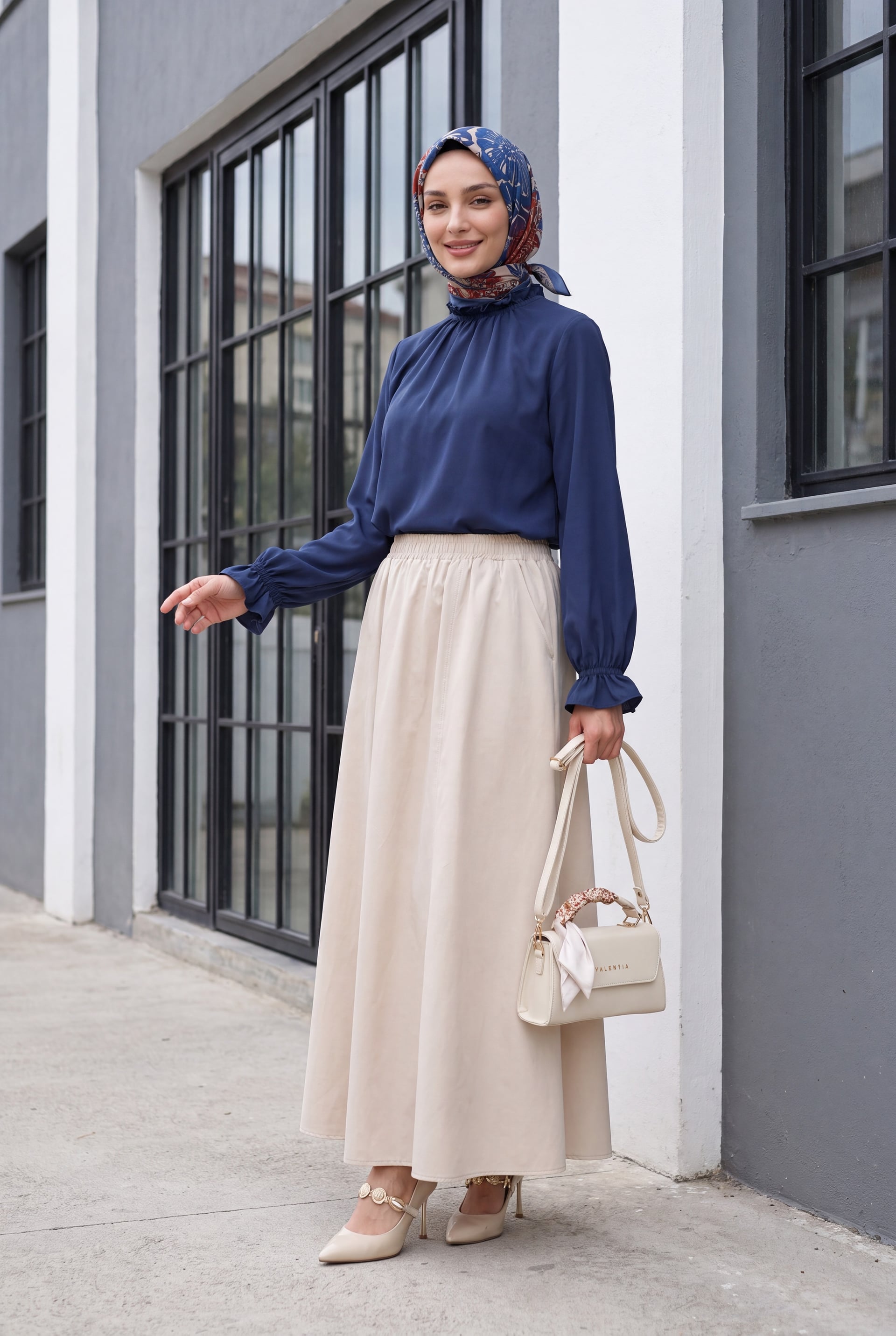 Navy Blue Ruffled Poplin Blouse for Women - Podyumplus - by Peralane - photo 3
