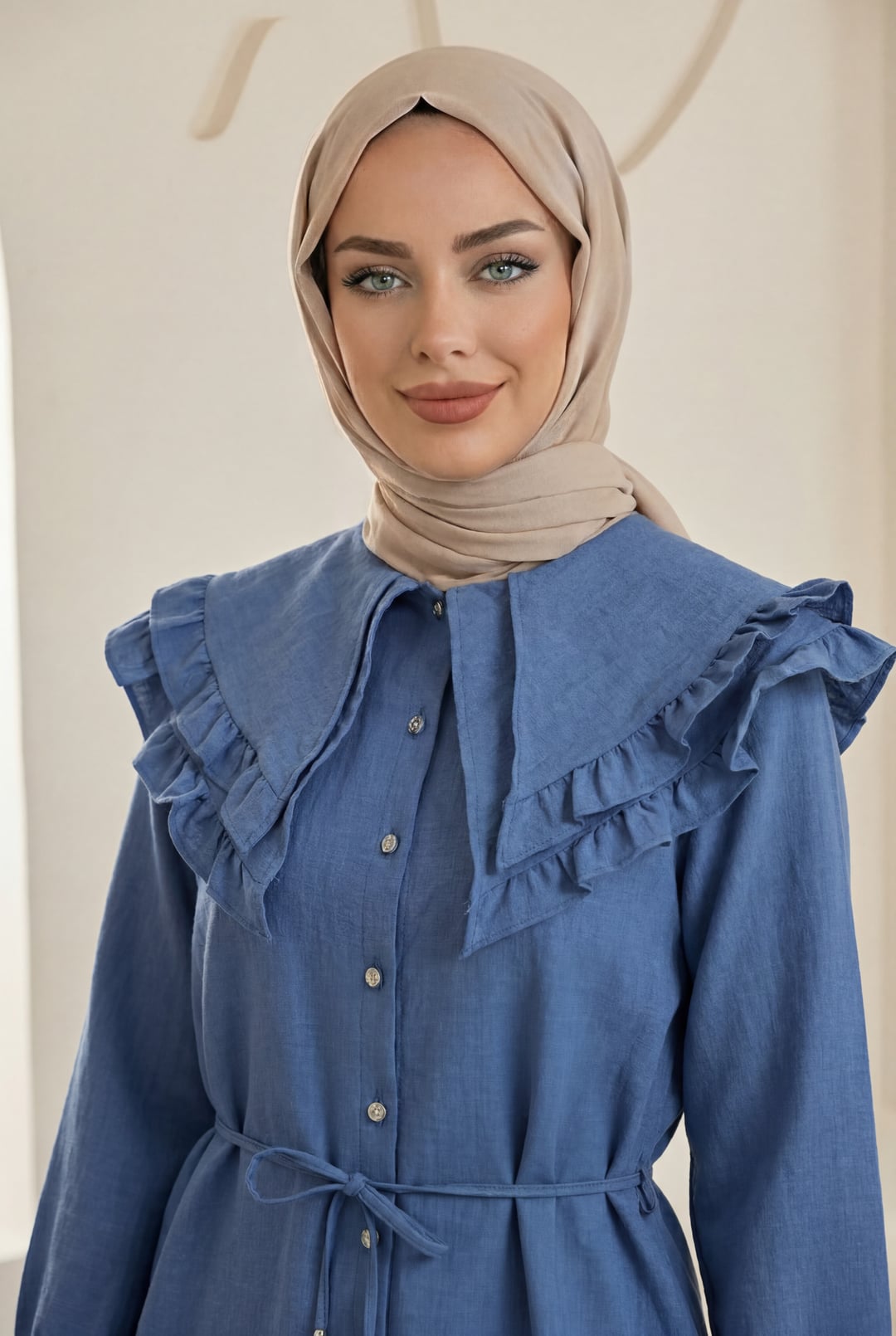 Double-Layer Ruffled Collar Buttoned Tie-Waist Linen Look Tunic - Indigo - Podyumplus - by Peralane - photo 5