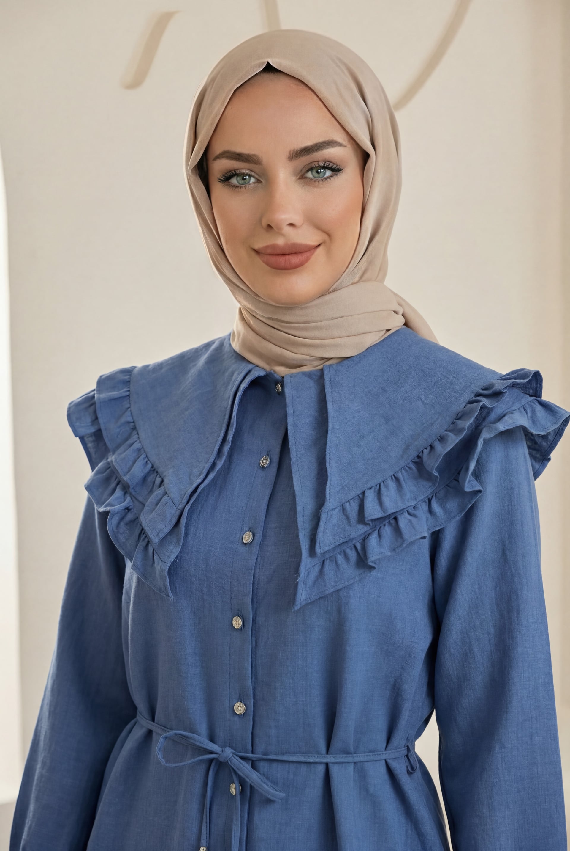 Double-Layer Ruffled Collar Buttoned Tie-Waist Linen Look Tunic - Indigo - Podyumplus - by Peralane - photo 5