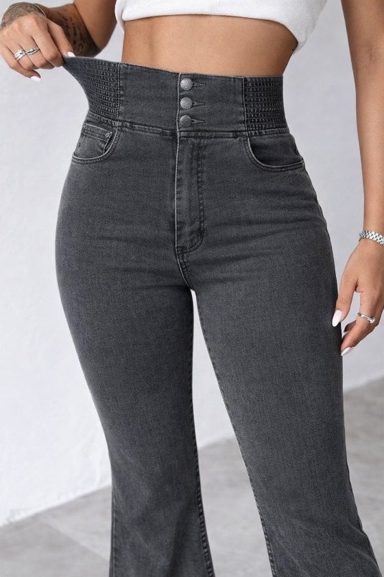 Women's High Waist Side Elastic Front Button Denim Jeans - Janes - by Peralane - photo 3