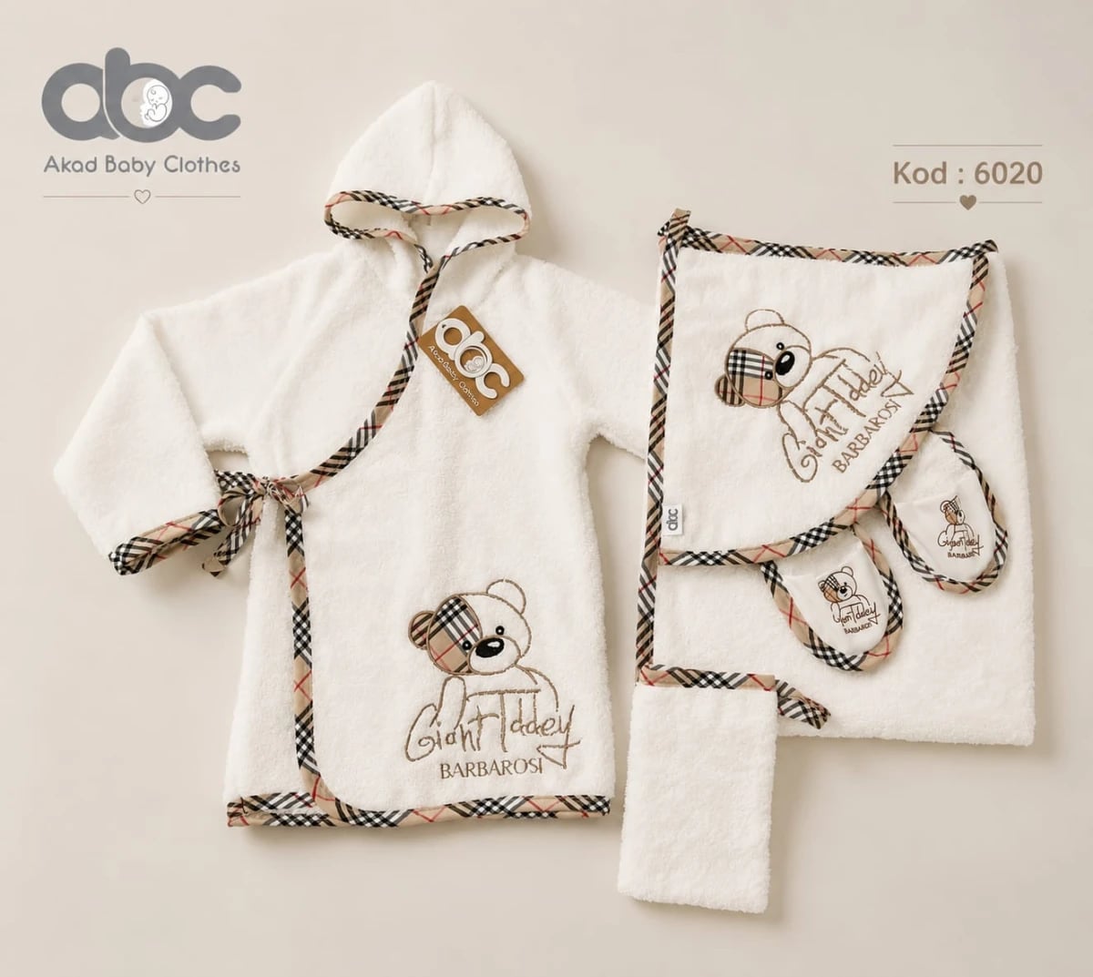 Baby Terry Hooded Bathrobe, Towel and Booties Set – White with Plaid Trim - Has Bereket - by Peralane