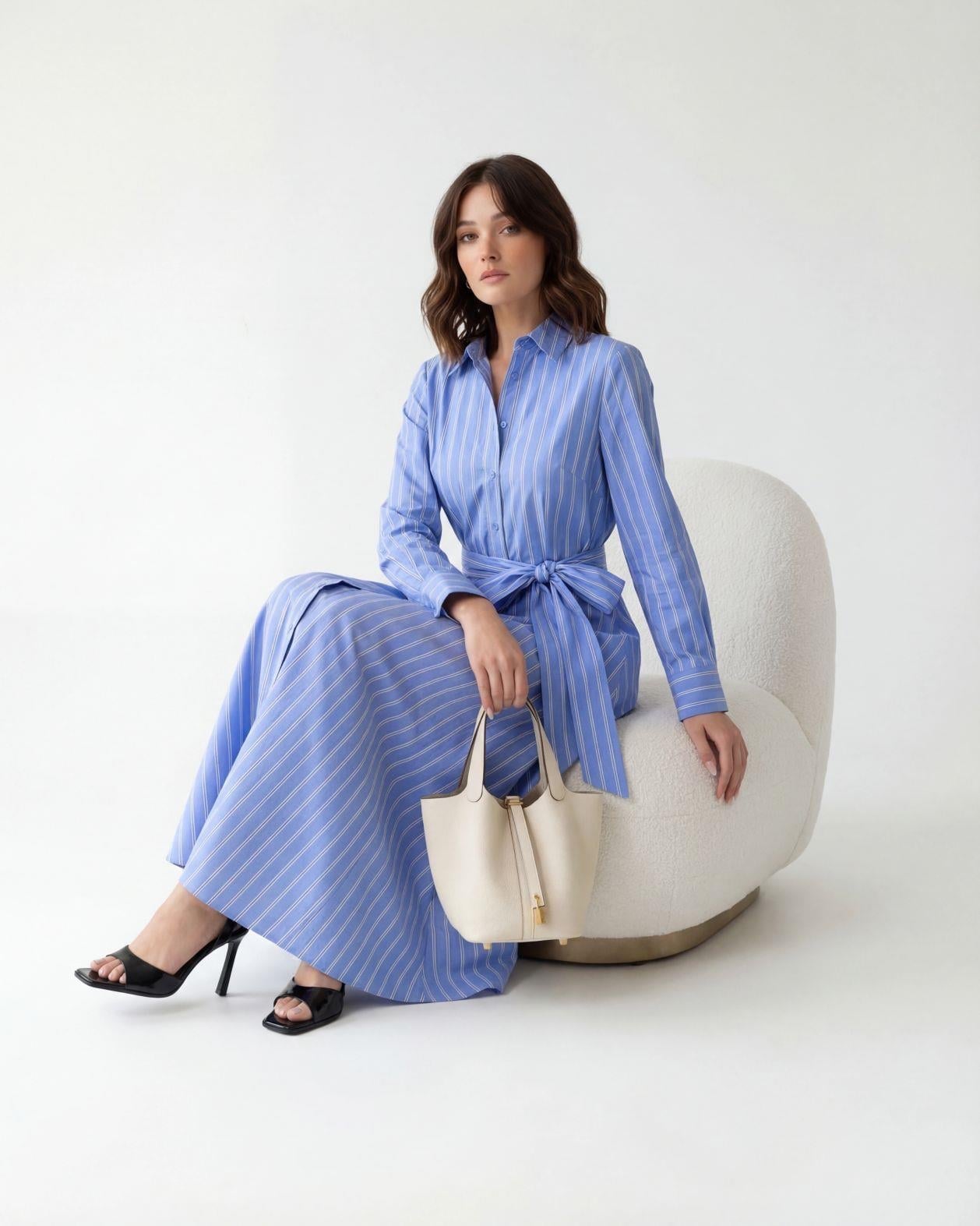 Women's Blue Striped Shirt Dress with Tie Belt - Fame - by Peralane - photo 4