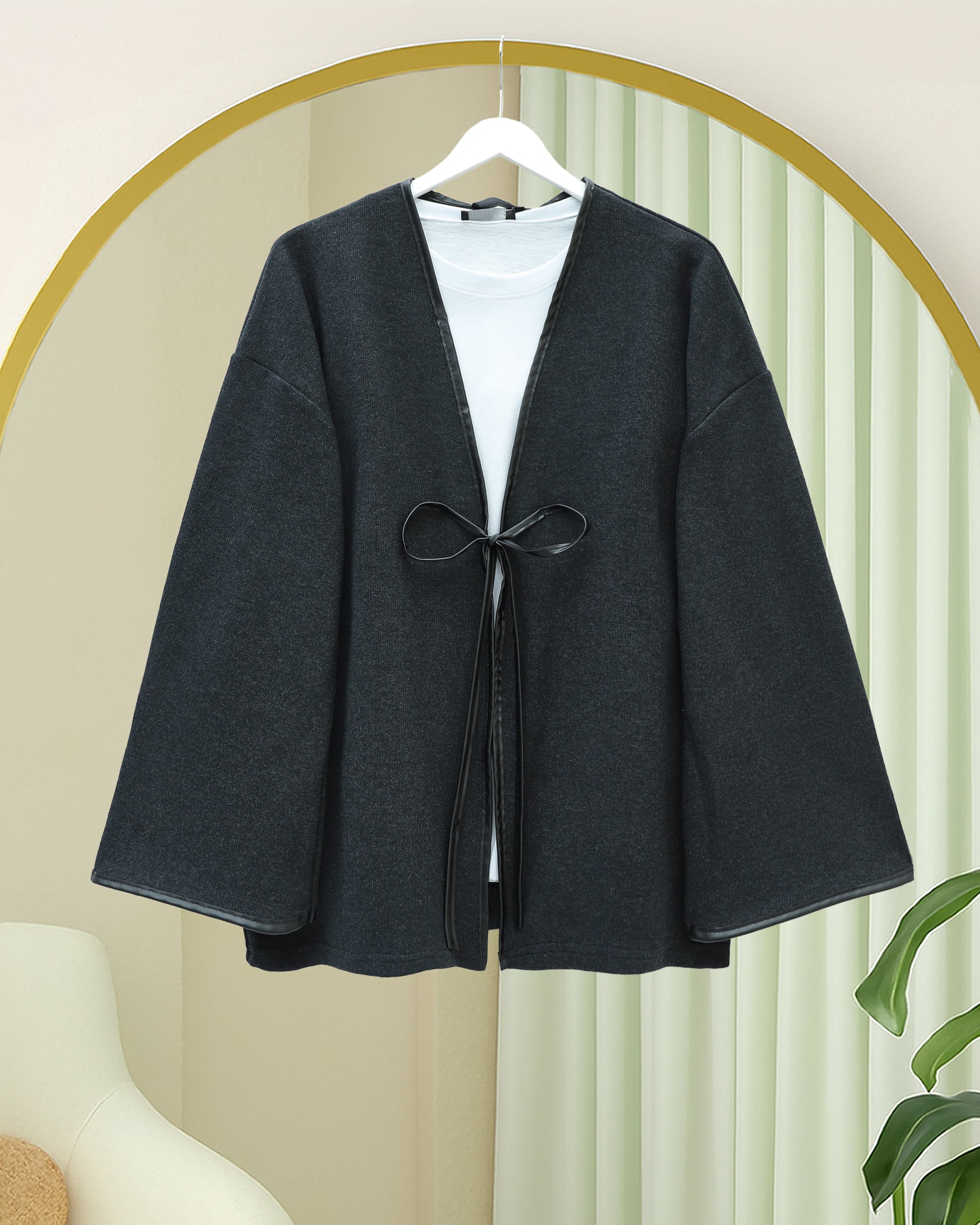 Front-Tie Leather Detail Relaxed Kimono - Anthracite - Podyumplus - by Peralane - photo 2